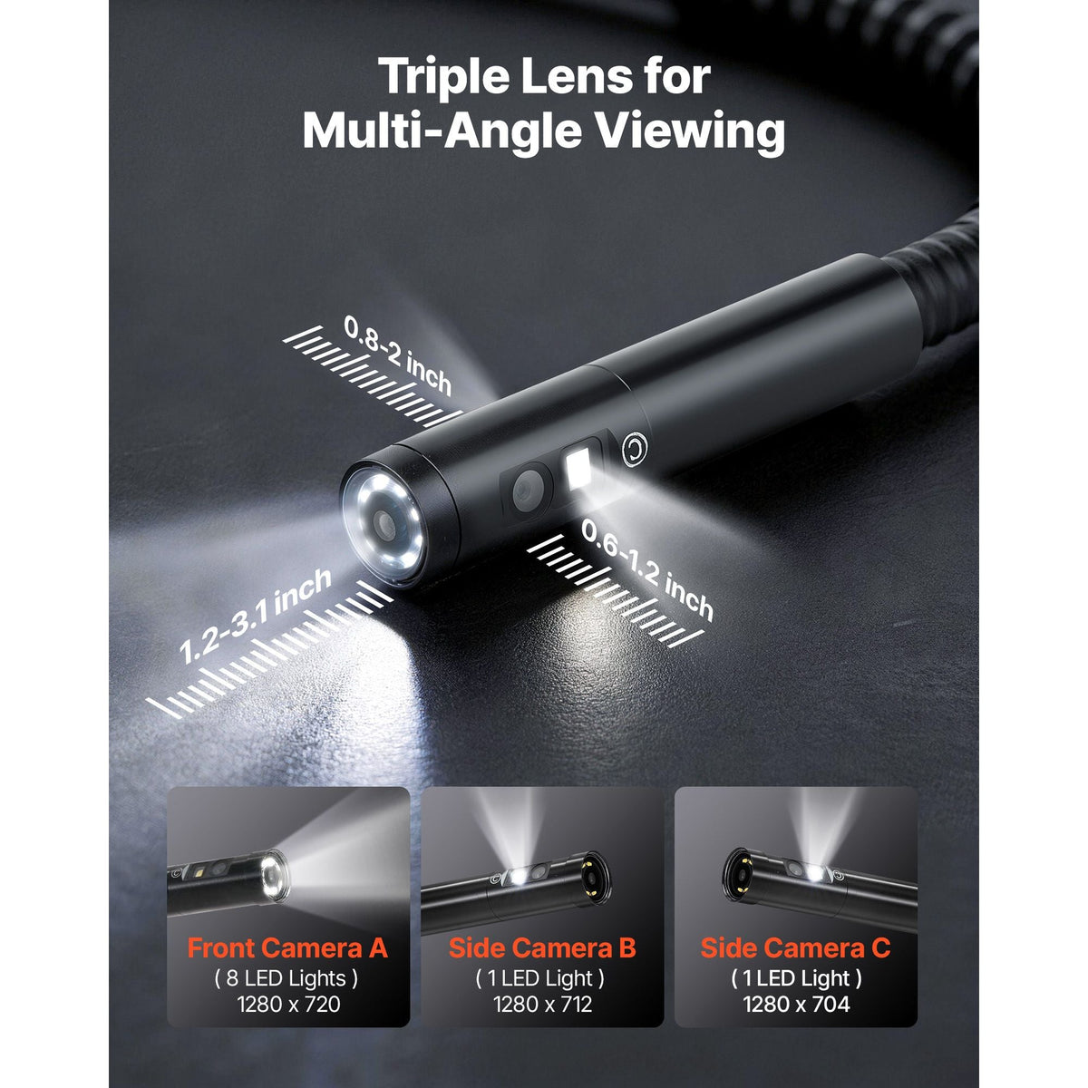 Triple Lens Endoscope with Dual-Cable Setup, Industrial Borescope with Light, 7" HD IPS Spilt-Screen, 8 + 2 LEDs, 8X Zoom, IP67 Waterproof Snake Camera for Auto, Plumbing (16.4FT + 9.8FT Cables)