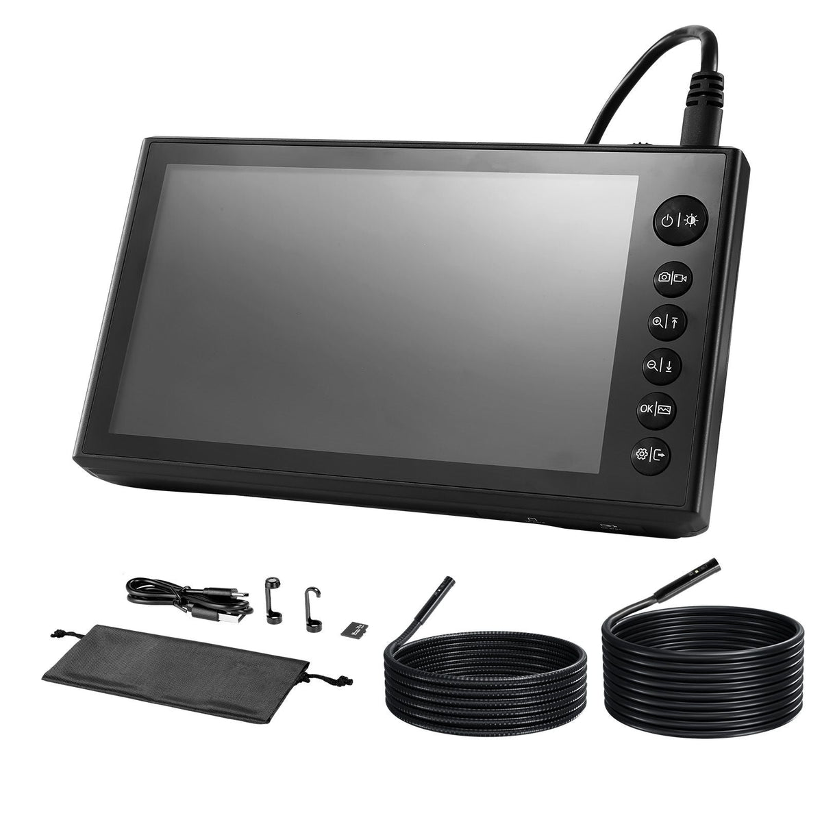 Triple Lens Endoscope with Dual-Cable Setup, Industrial Borescope with Light, 7" HD IPS Spilt-Screen, 8 + 2 LEDs, 8X Zoom, IP67 Waterproof Snake Camera for Auto, Plumbing (16.4FT + 9.8FT Cables)