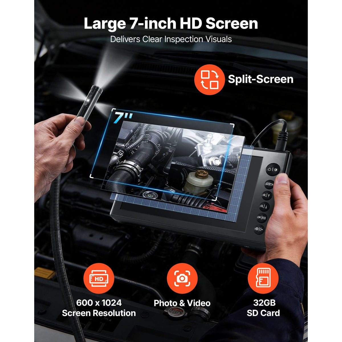Triple Lens Endoscope with Dual-Cable Setup, Industrial Borescope with Light, 7" HD IPS Spilt-Screen, 8 + 2 LEDs, 8X Zoom, IP67 Waterproof Snake Camera for Auto, Plumbing (16.4FT + 9.8FT Cables)