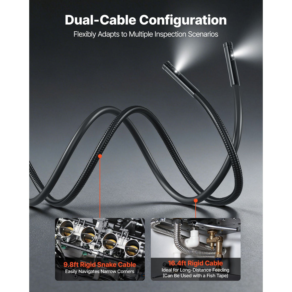 Triple Lens Endoscope with Dual-Cable Setup, Industrial Borescope with Light, 7" HD IPS Spilt-Screen, 8 + 2 LEDs, 8X Zoom, IP67 Waterproof Snake Camera for Auto, Plumbing (16.4FT + 9.8FT Cables)