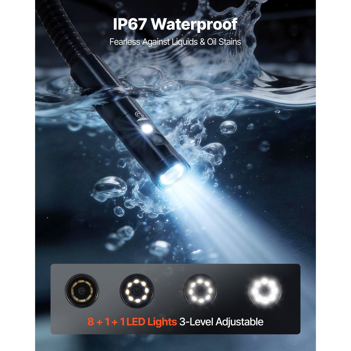 Triple Lens Endoscope with Dual-Cable Setup, Industrial Borescope with Light, 7" HD IPS Spilt-Screen, 8 + 2 LEDs, 8X Zoom, IP67 Waterproof Snake Camera for Auto, Plumbing (16.4FT + 9.8FT Cables)