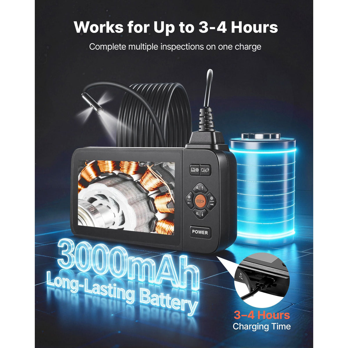 Triple Lens Endoscope with Light, 4.5" HD IPS Screen Industrial Borescope Camera, 8 + 2 Lights, 8X Zoom, IP67 Waterproof Inspection Snake Camera for Automotive, Plumbing (16.4FT Rigid Cable)