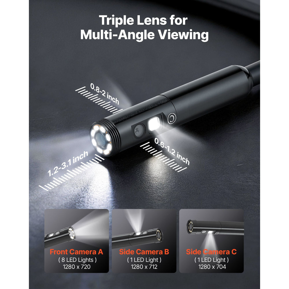 Triple Lens Endoscope with Light, 4.5" HD IPS Screen Industrial Borescope Camera, 8 + 2 Lights, 8X Zoom, IP67 Waterproof Inspection Snake Camera for Automotive, Plumbing (16.4FT Rigid Cable)