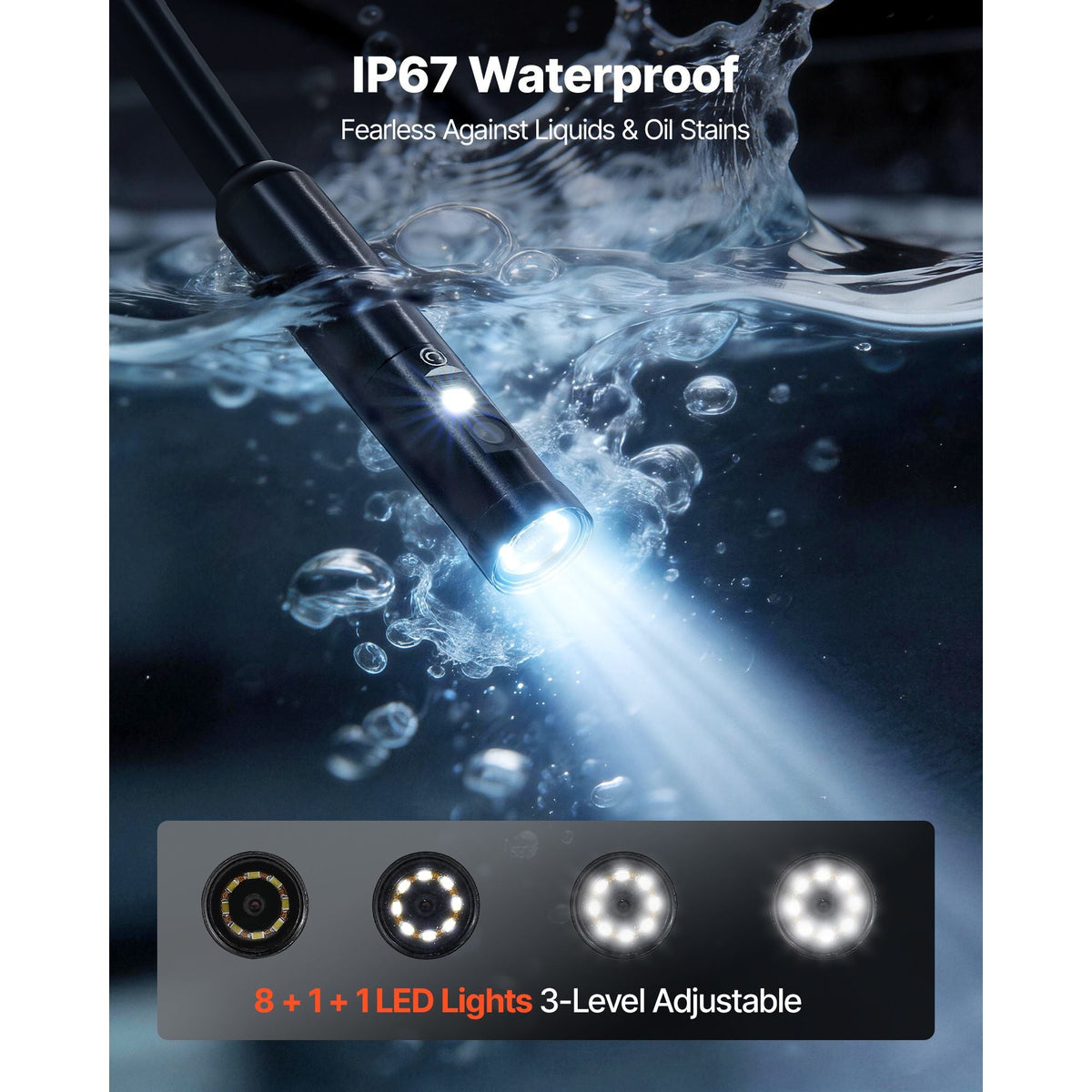 Triple Lens Endoscope with Light, 4.5" HD IPS Screen Industrial Borescope Camera, 8 + 2 Lights, 8X Zoom, IP67 Waterproof Inspection Snake Camera for Automotive, Plumbing (16.4FT Rigid Cable)