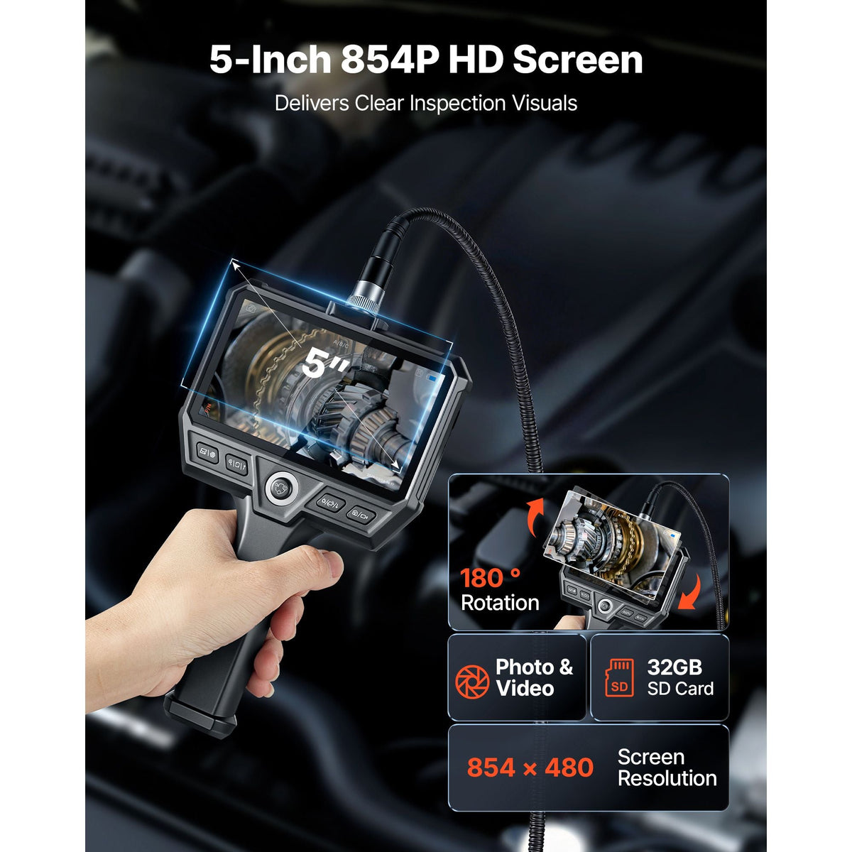 Triple Lens Endoscope with Light, 5" HD IPS Screen Industrial Borescope Camera, 8 + 2 LED Lights, 8X Zoom, 5000mAh, IP67 Waterproof Inspection Snake Camera for Automotive, Plumbing (4.9FT Cable)