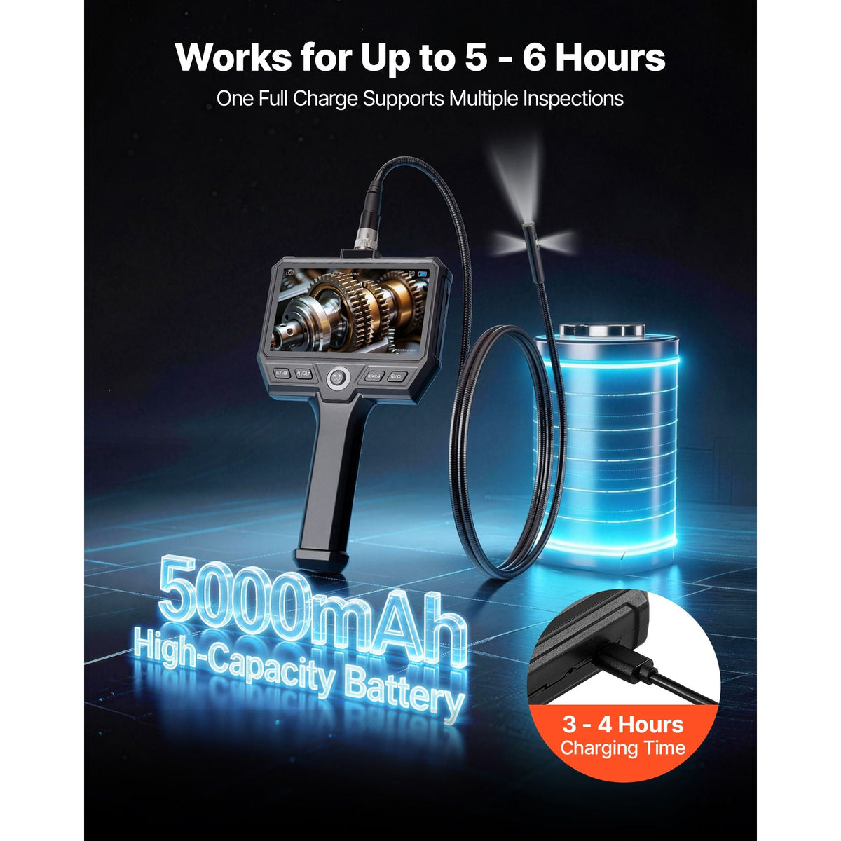 Triple Lens Endoscope with Light, 5" HD IPS Screen Industrial Borescope Camera, 8 + 2 LED Lights, 8X Zoom, 5000mAh, IP67 Waterproof Inspection Snake Camera for Automotive, Plumbing (4.9FT Cable)