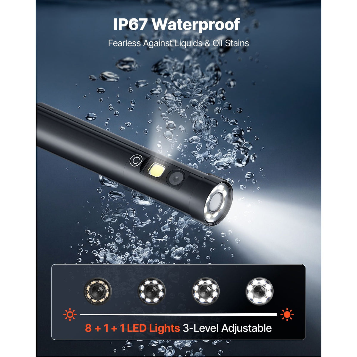 Triple Lens Endoscope with Light, 5" HD IPS Screen Industrial Borescope Camera, 8 + 2 LED Lights, 8X Zoom, 5000mAh, IP67 Waterproof Inspection Snake Camera for Automotive, Plumbing (4.9FT Cable)