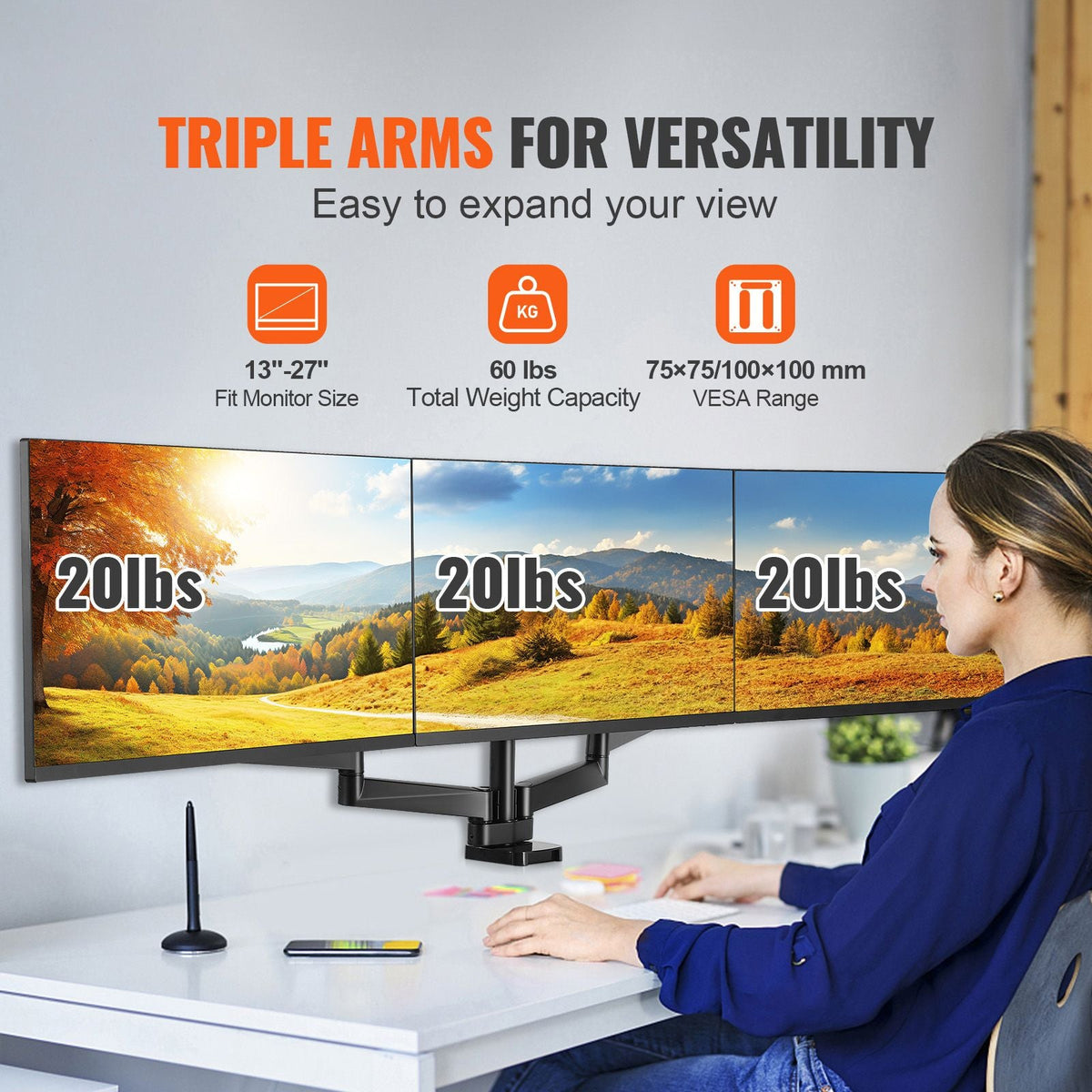 Triple Monitor Mount, Supports 13"-27" Screens, Fully Adjustable Gas Spring Monitor Arm, Holds up to 20 lbs per Arm, Triple Monitor Stand with C-Clamp/Grommet Mounting Base, VESA Mount 75/100 mm