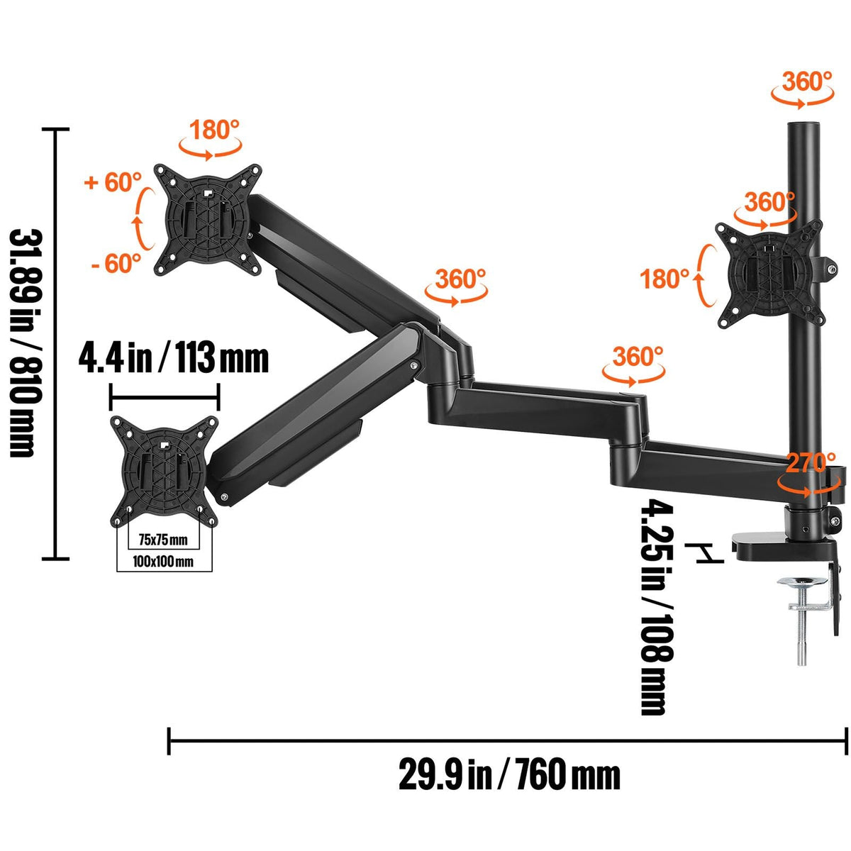 Triple Monitor Mount, Supports 13"-27" Screens, Fully Adjustable Gas Spring Monitor Arm, Holds up to 20 lbs per Arm, Triple Monitor Stand with C-Clamp/Grommet Mounting Base, VESA Mount 75/100 mm