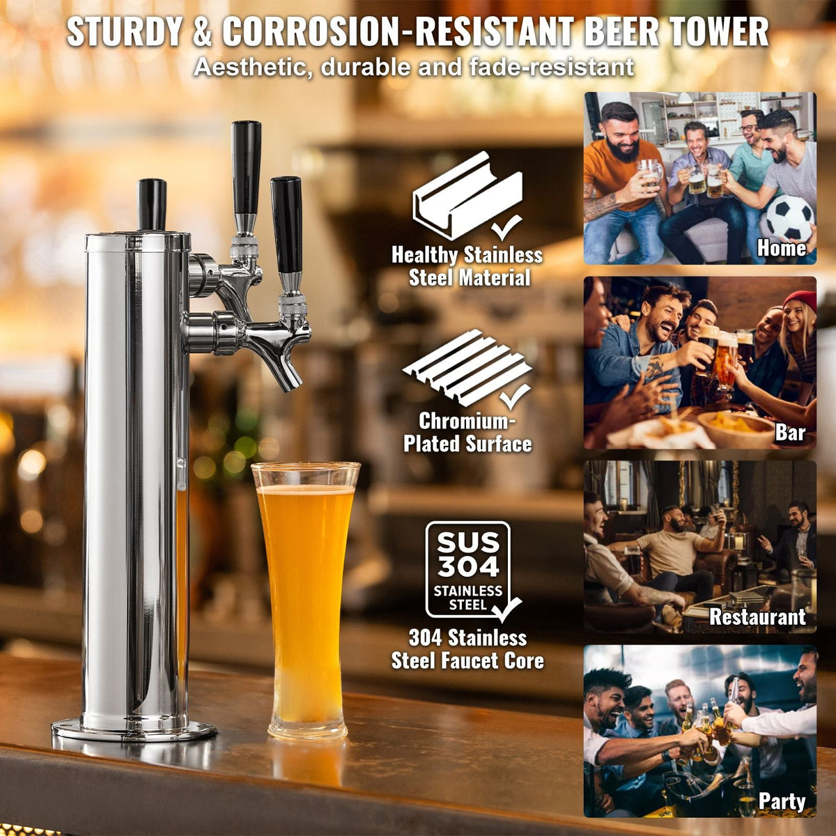 Triple Taps Draft Beer Tower Dispenser, Stainless Steel Keg Beer Tower, Kegerator Tower Kit with Pre-Assembled Tubing and Self-Closing Faucet Shanks for Party, Bar, Pub, Restaurant
