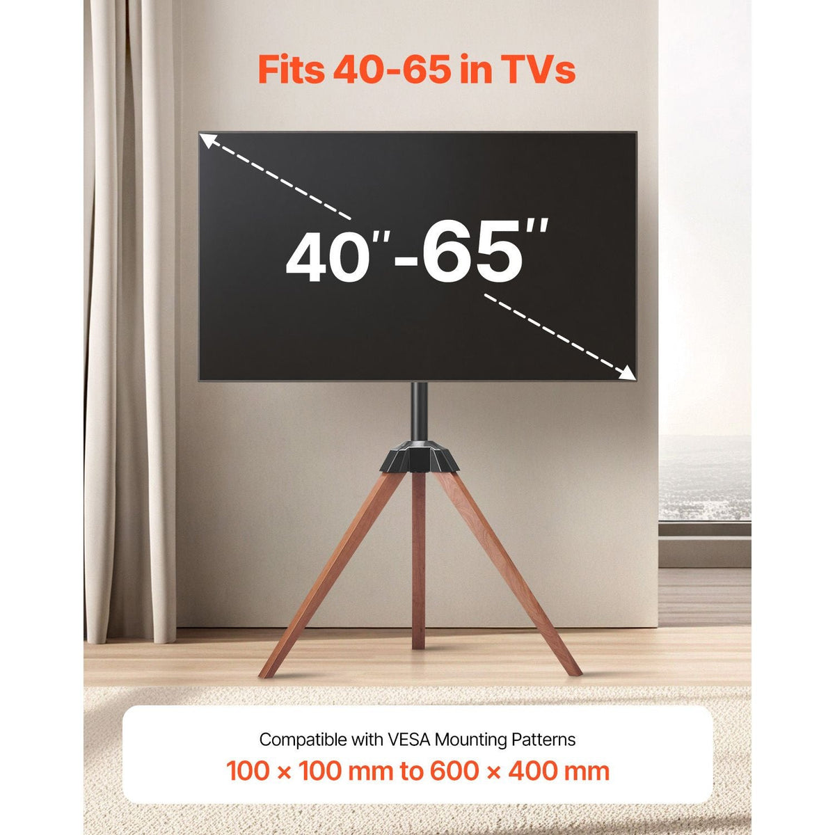 Tripod Easel TV Stand, for 40-65 inch Flat Screen/Curved TVs Up to 99 lbs, 18° Left-Right Rotation Portable TV Stand with Oak Wood Legs, for Bedroom, Living Room, Studio, MAX VESA 600 x 400 mm