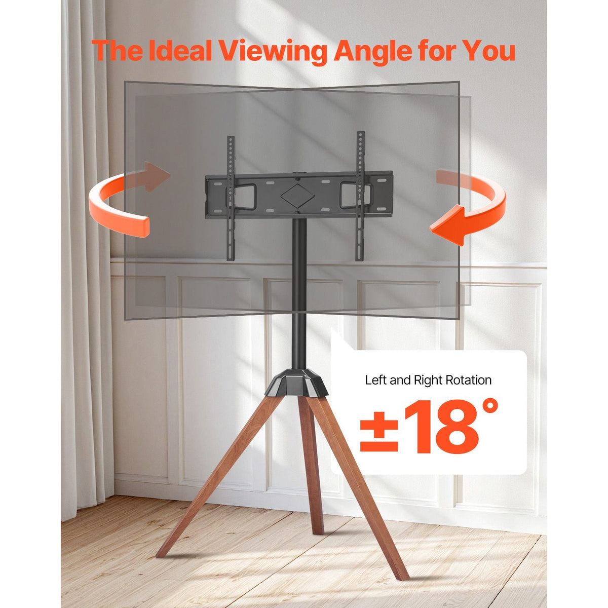 Tripod Easel TV Stand, for 40-65 inch Flat Screen/Curved TVs Up to 99 lbs, 18° Left-Right Rotation Portable TV Stand with Oak Wood Legs, for Bedroom, Living Room, Studio, MAX VESA 600 x 400 mm