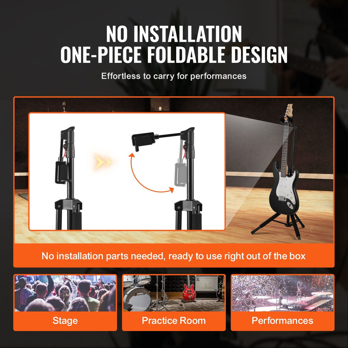 Tripod Guitar Stand, 33 lbs/15 kg Load Capacity, Floor-Standing Foldable Guitar Stand Display Rack with 35.4-47.2 in/900-1200 mm Adjustable Height, for Guitar Acoustic Electric Classical Bass