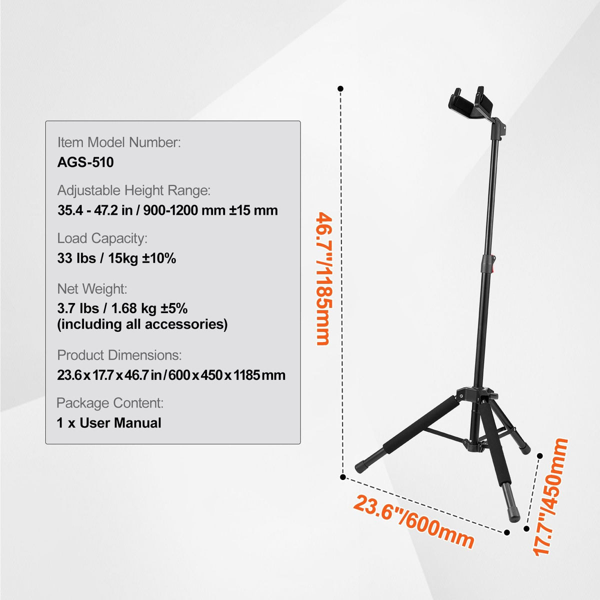 Tripod Guitar Stand, 33 lbs/15 kg Load Capacity, Floor-Standing Foldable Guitar Stand Display Rack with 35.4-47.2 in/900-1200 mm Adjustable Height, for Guitar Acoustic Electric Classical Bass