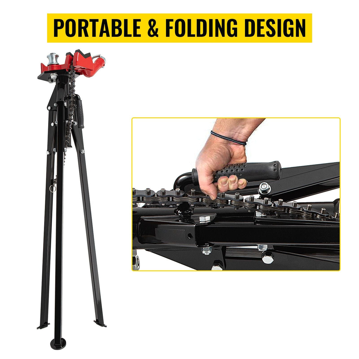 Tripod Pipe Chain Vise, 1/8\"-5\" Pipe Capacity, 36.4' Length Chain Vise Stand with Portable Folding Steel Legs, for Grabbing, Supporting and Bending Pipes in Factory, Workshop and Home