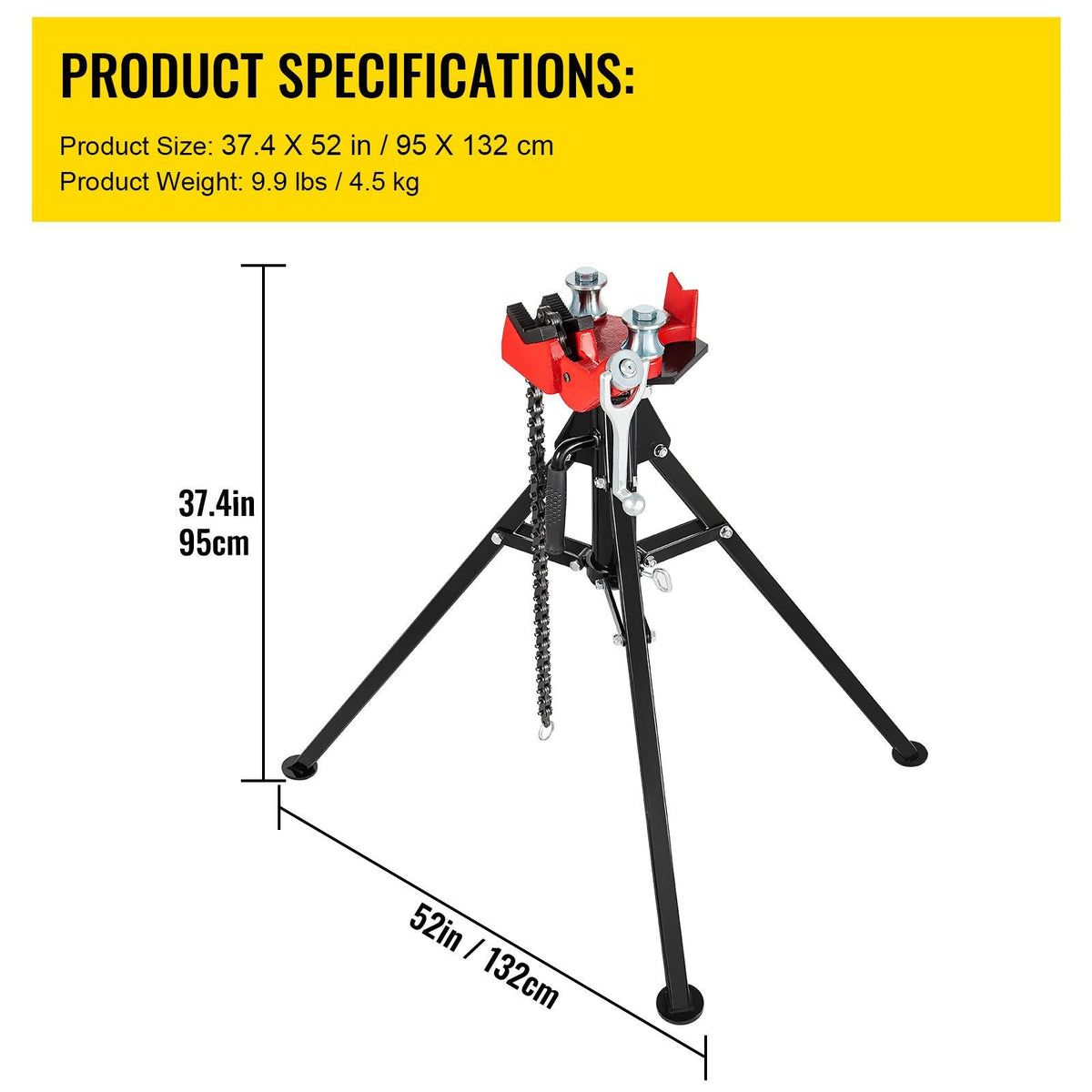 Tripod Pipe Chain Vise, 1/8\"-5\" Pipe Capacity, 36.4' Length Chain Vise Stand with Portable Folding Steel Legs, for Grabbing, Supporting and Bending Pipes in Factory, Workshop and Home