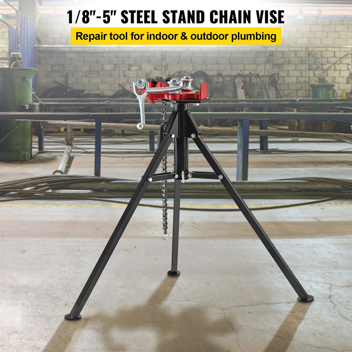 Tripod Pipe Chain Vise, 1/8\"-5\" Pipe Capacity, 36.4' Length Chain Vise Stand with Portable Folding Steel Legs, for Grabbing, Supporting and Bending Pipes in Factory, Workshop and Home