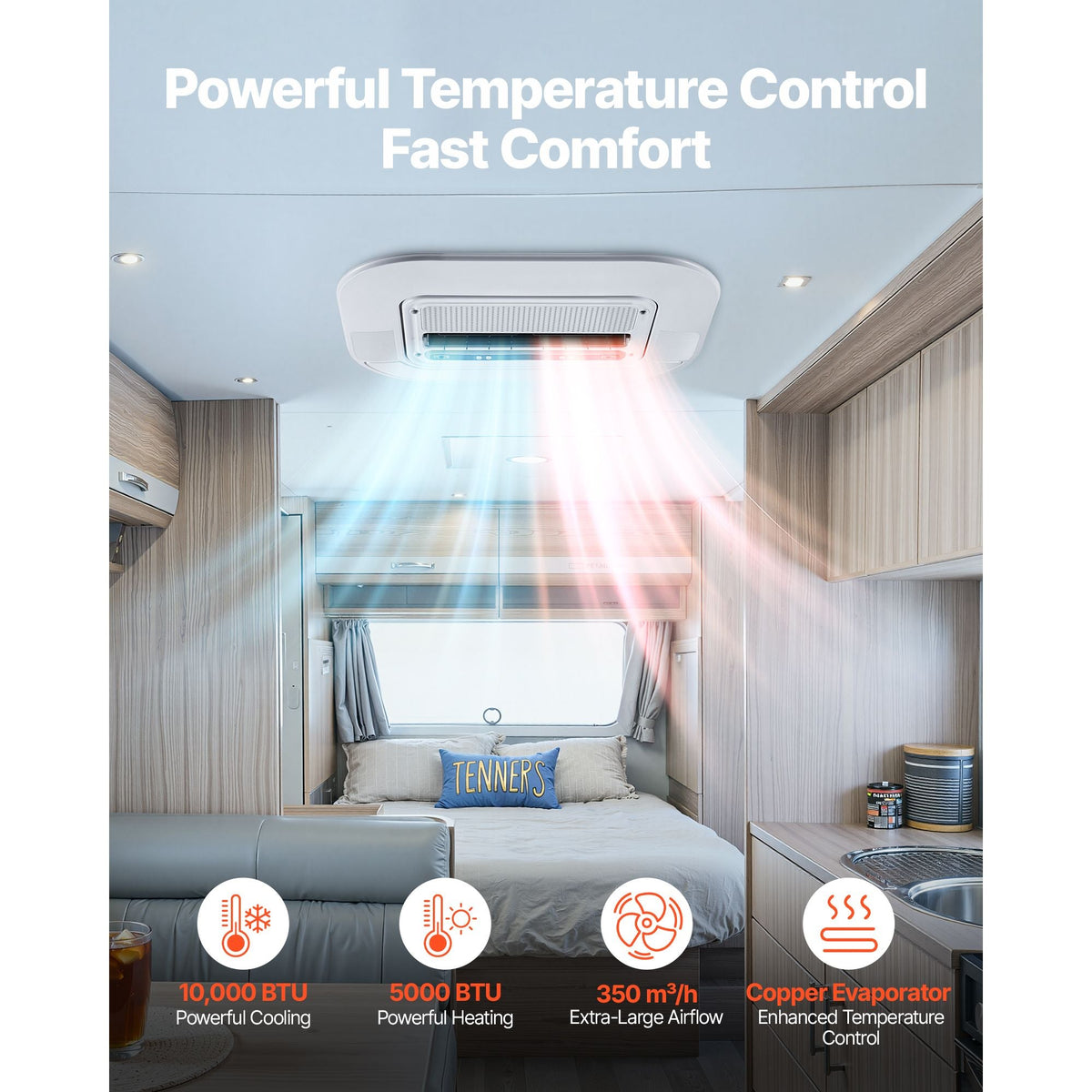 Truck Air Conditioner, 12V 10000 BTU RV Rooftop AC Unit, 350 m³/h Airflow, Cooling & Heating 2 in 1 Function Cab Air Conditioner, Quiet A/C Unit for Semi Truck Trailer Motorhome Tractor Caravan