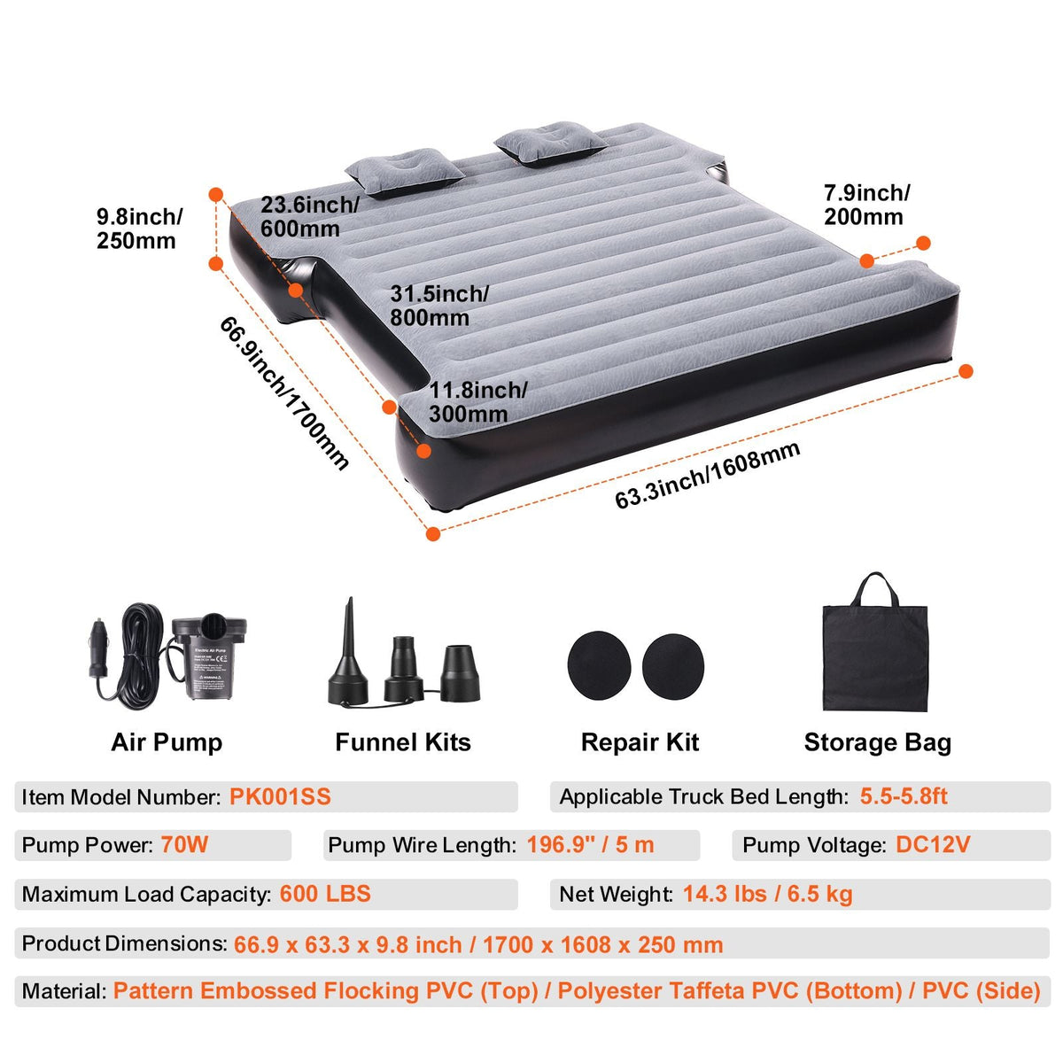 Truck Bed Air Mattress, for 5.5-5.8 ft Full Size Short Truck Beds, Inflatable Air Mattress Camping Bed with 12V Air Pump 2 Pillows, Carry Bag, for Silverado, RAM, F Series, Sierra, Titan, Tundra