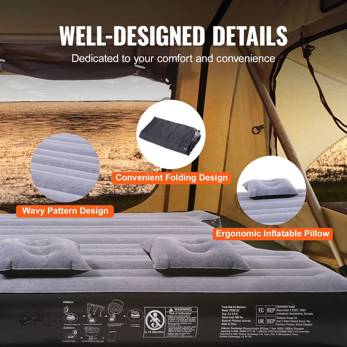Truck Bed Air Mattress, for 5.5-5.8 ft Full Size Short Truck Beds, Inflatable Air Mattress Camping Bed with 12V Air Pump 2 Pillows, Carry Bag, for Silverado, RAM, F Series, Sierra, Titan, Tundra