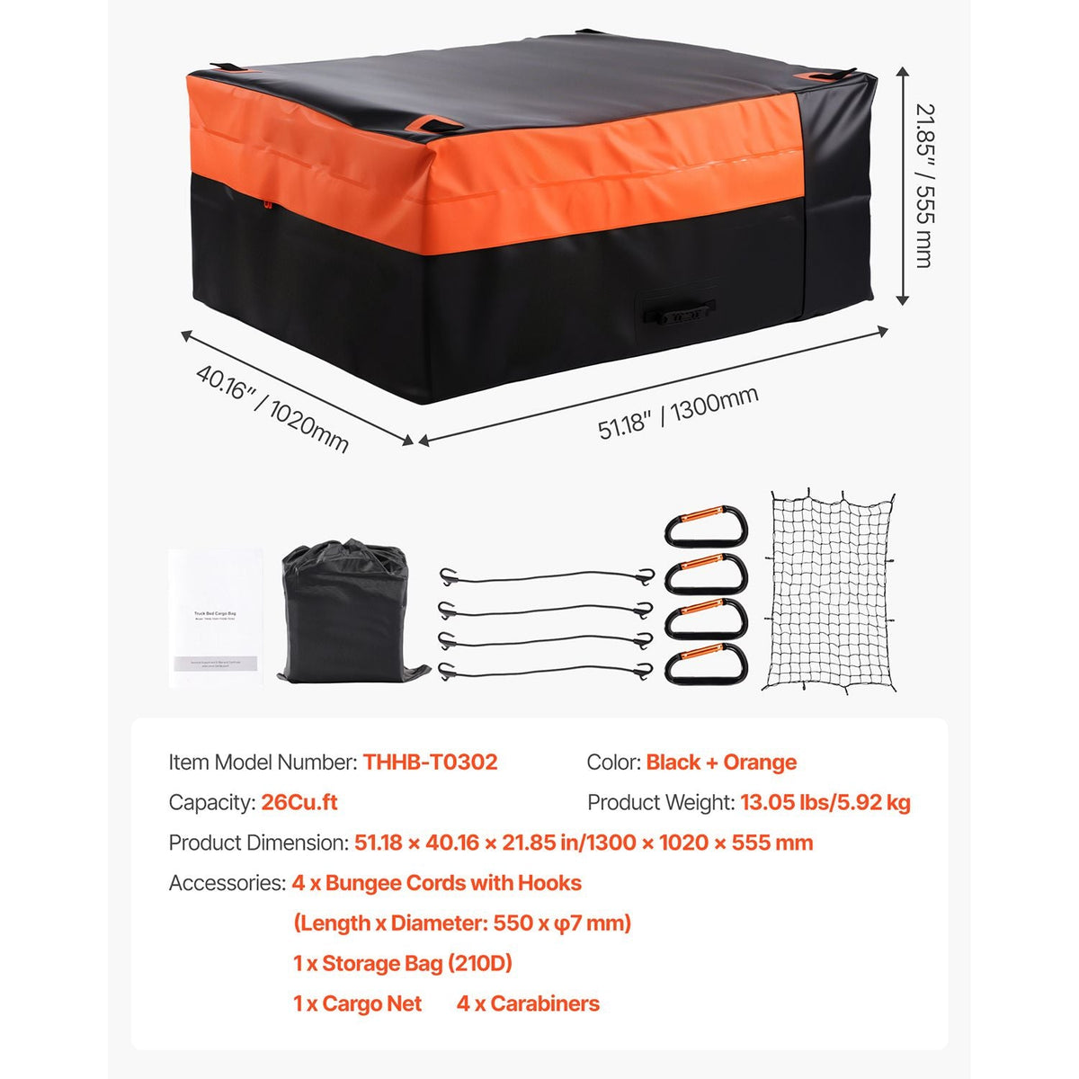 Truck Bed Cargo Bag, Waterproof 840D PVC, 51.18 x 40.16 x 21.85 in (26 Cu. ft), Heavy Duty Cargo Bag for Truck Bed with Bungee Cords, Net and Carabiners, Fits a Variety of SUV & Pickup Trucks