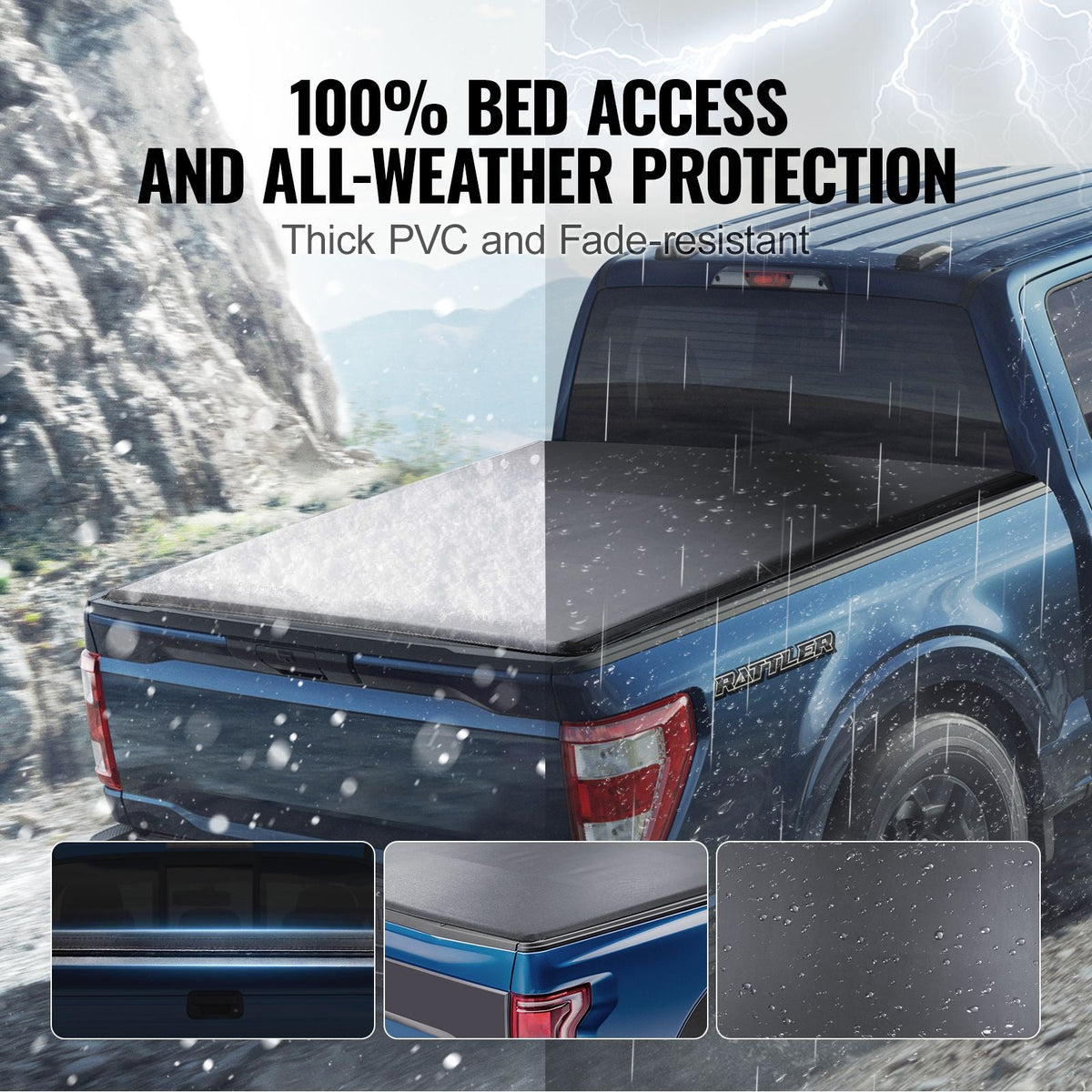 Truck Bed Cover, Roll Up Truck Bed Tonneau Cover, Compatible with 2009-2024 Ford F-150 Styleside Bed, for 5.5 x 5.4 ft Bed, Soft PVC material, 100% Bed Access Roll Up Tonneau Cover