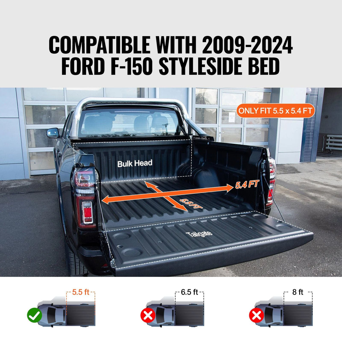 Truck Bed Cover, Roll Up Truck Bed Tonneau Cover, Compatible with 2009-2024 Ford F-150 Styleside Bed, for 5.5 x 5.4 ft Bed, Soft PVC material, 100% Bed Access Roll Up Tonneau Cover