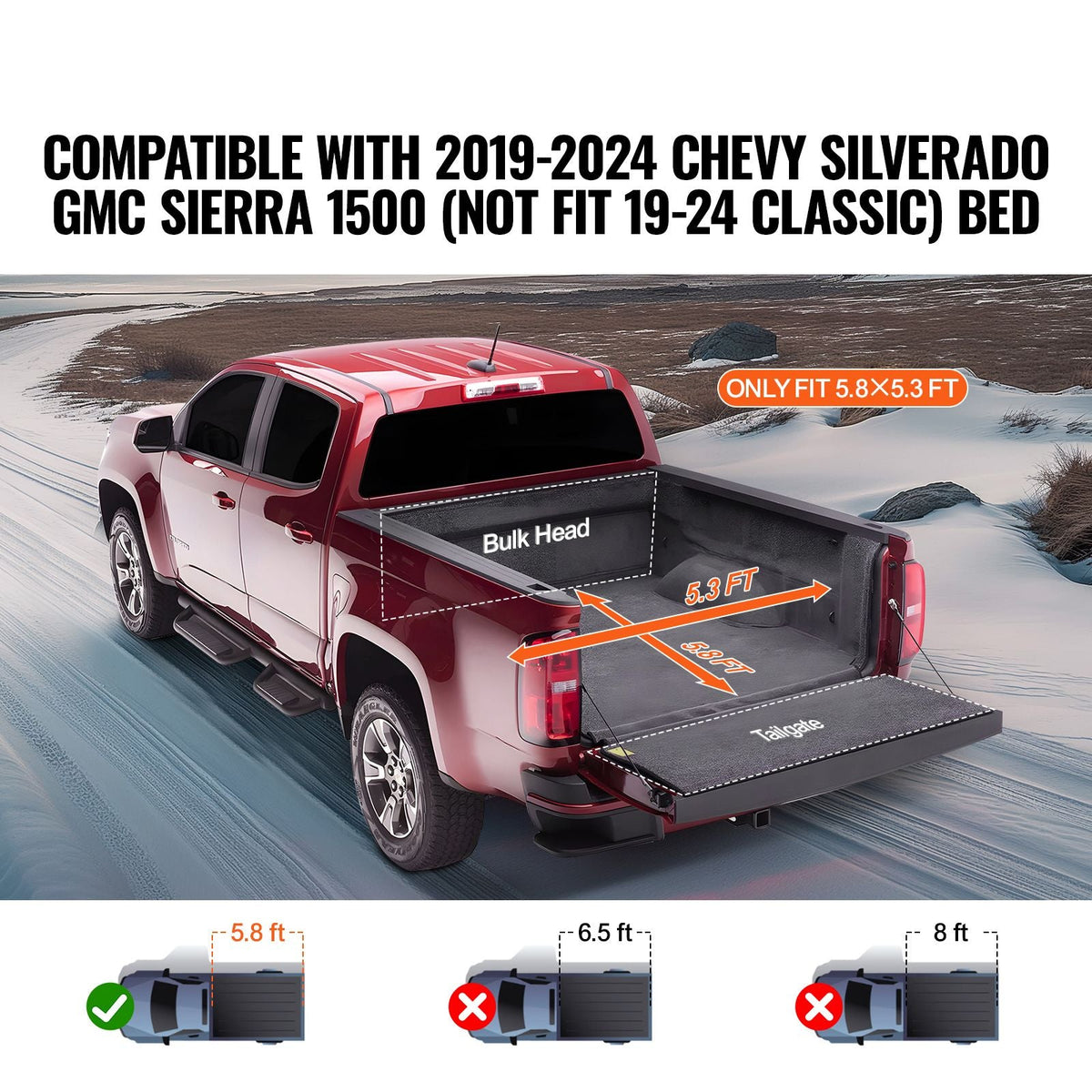 Truck Bed Cover, Roll Up Truck Bed Tonneau Cover, Compatible with 2019-2024 Chevy Silverado GMC Sierra 1500 (NOT FIT 19-24 Classic) Bed, for 5.8 x 5.3 ft Bed, Soft PVC, Roll Up Tonneau Cover