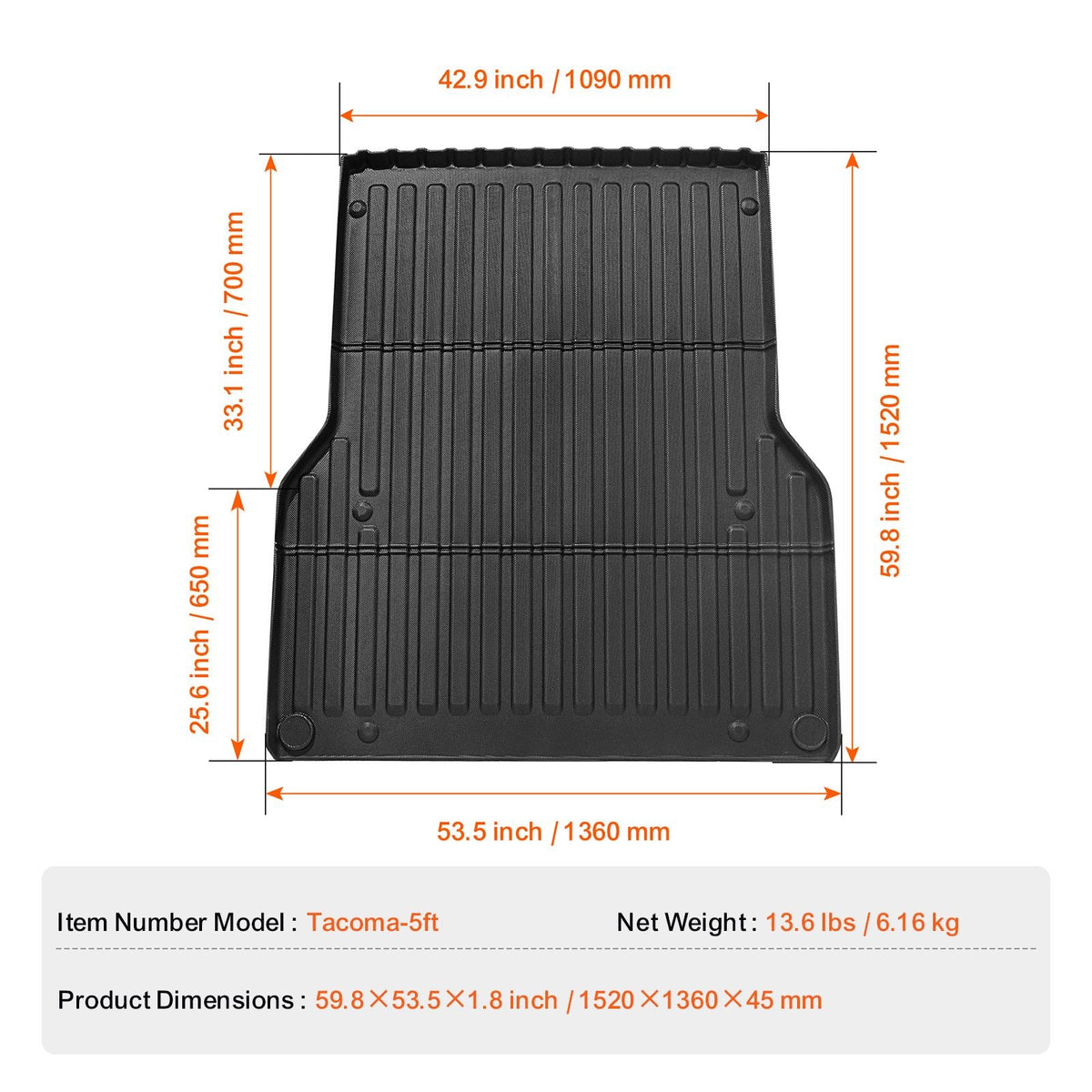Truck Bed Mat, Compatible with 2005-2023 Toyota Tacoma, TPE Truck Bed Liner Mat Fits for 5 FT Bed, Thick and Heavy-Duty Bed Mat Car Accessories for All-Weather Protection, Prevent Slipping