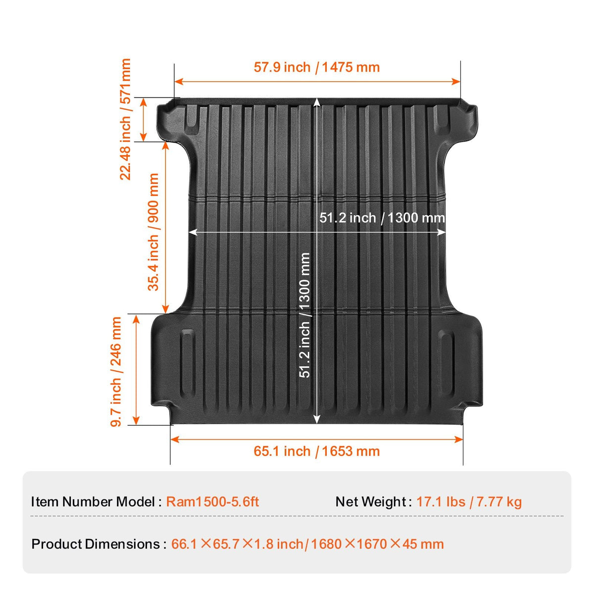 Truck Bed Mat, Compatible with 2019-2024 Dodge Ram1500, TPE Truck Bed Liner Mat Fits for 5.6 FT Bed, Thick and Heavy-Duty Bed Mat Car Accessories for All-Weather Protection, Prevent Slipping