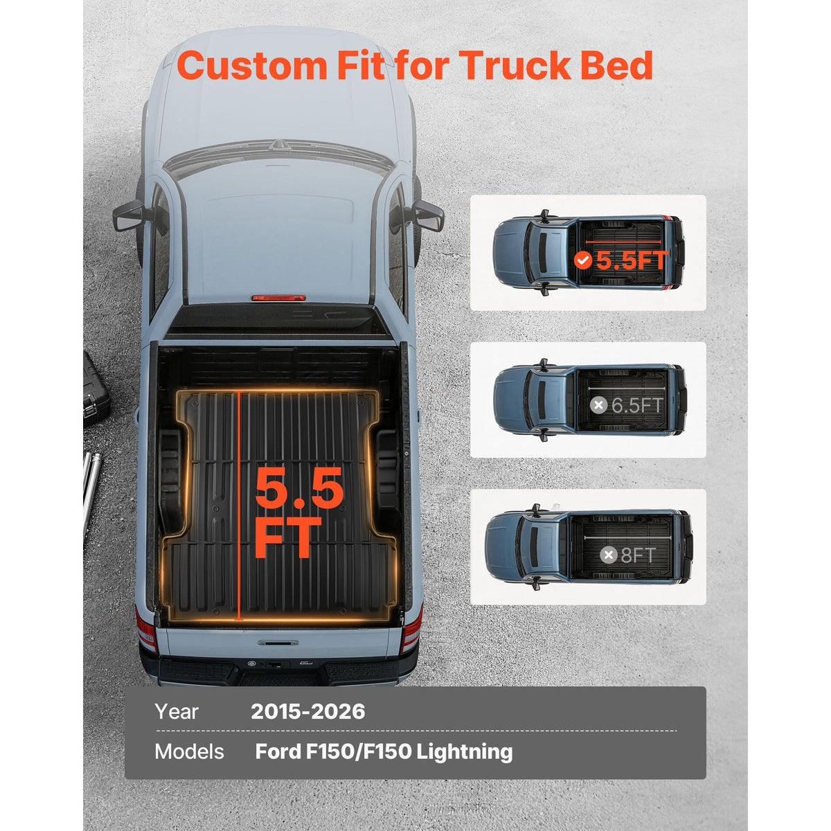 Truck Bed Mat, TPE, Compatible with 2015-2026 Ford F150 Lightning Bed, Heavy Duty Custom Fit, All Weather Protection Pickup Car Cargo Trunk Liner Replacement, for 2015-2026 Ford F150 Accessories