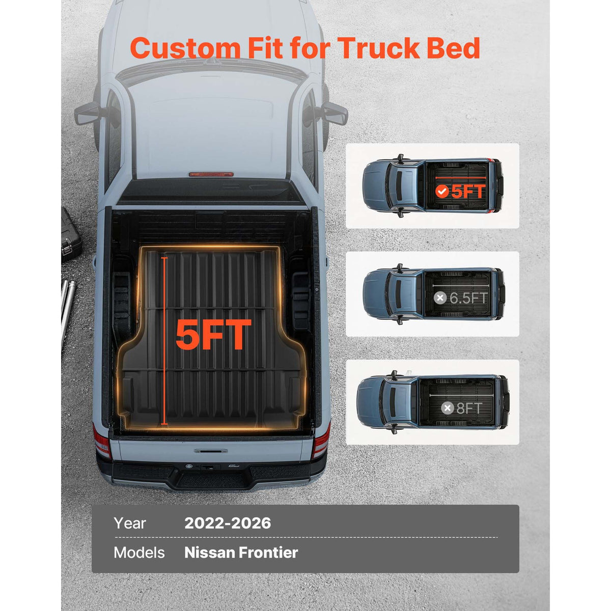 Truck Bed Mat, TPE, Compatible with 2022-2026 Nissan Frontier Bed, Heavy Duty Custom Fit, All Weather Protection Pickup Car Trunk Liner Replacement, for 2022-2026 Nissan Frontier Accessories