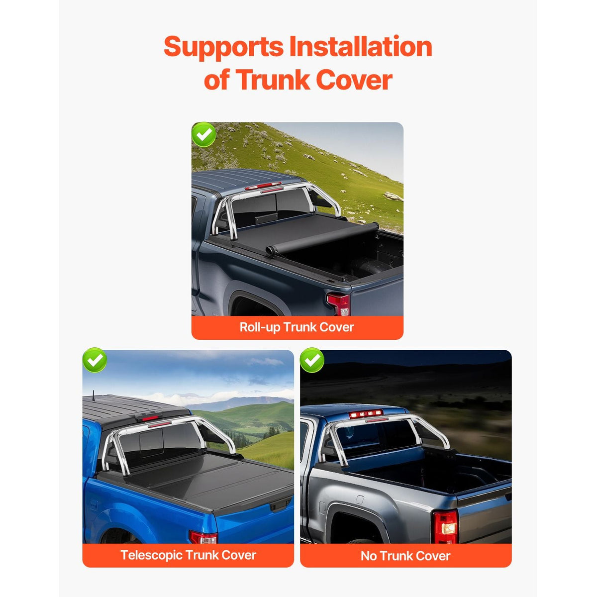 Truck Bed Roll Bar, Universal Adjustable Sport Bar Chase Rack Compatible with Full-Size & Mid-Size Pickup, With LED Brake Light, Stainless Steel + Carbon Steel No Rack Included