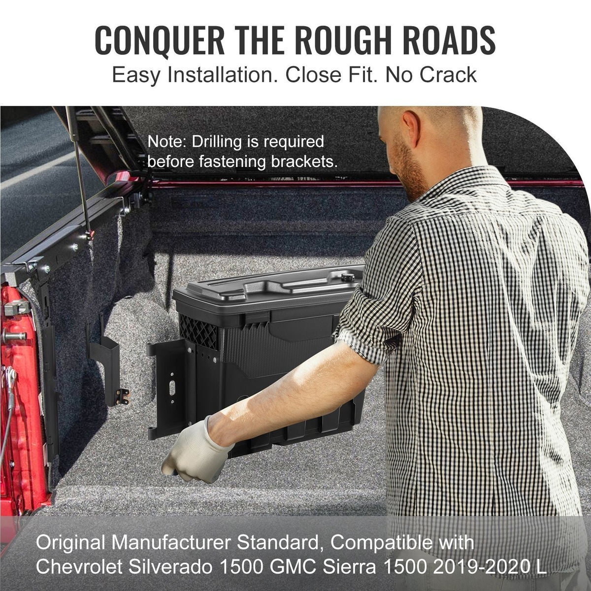Truck Bed Storage Box, Lockable Lid, Waterproof ABS Wheel Well Tool Box 6.6 Gal/20 L, Compatible with Chevrolet Silverado 1500 GMC Sierra 1500 2019-2020, Driver Side, Black