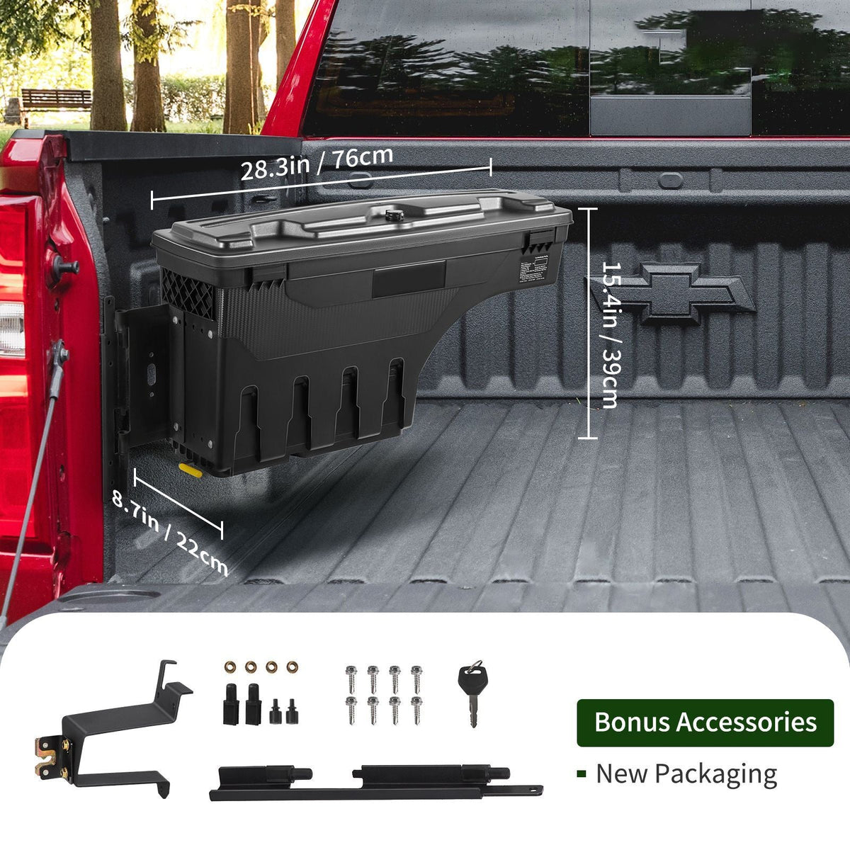 Truck Bed Storage Box, Lockable Lid, Waterproof ABS Wheel Well Tool Box 6.6 Gal/20 L, Compatible with Chevrolet Silverado 1500 GMC Sierra 1500 2019-2020, Driver Side, Black