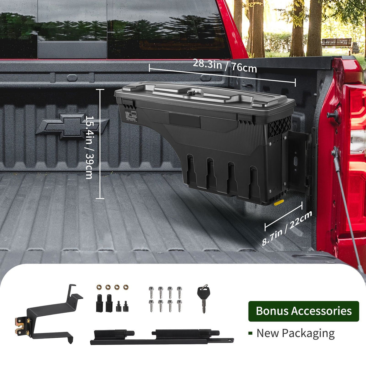 Truck Bed Storage Box, Lockable Lid, Waterproof ABS Wheel Well Tool Box 6.6 Gal/20 L, Compatible with Chevrolet Silverado 1500 GMC Sierra 1500 2019-2020, Passenger Side, Black