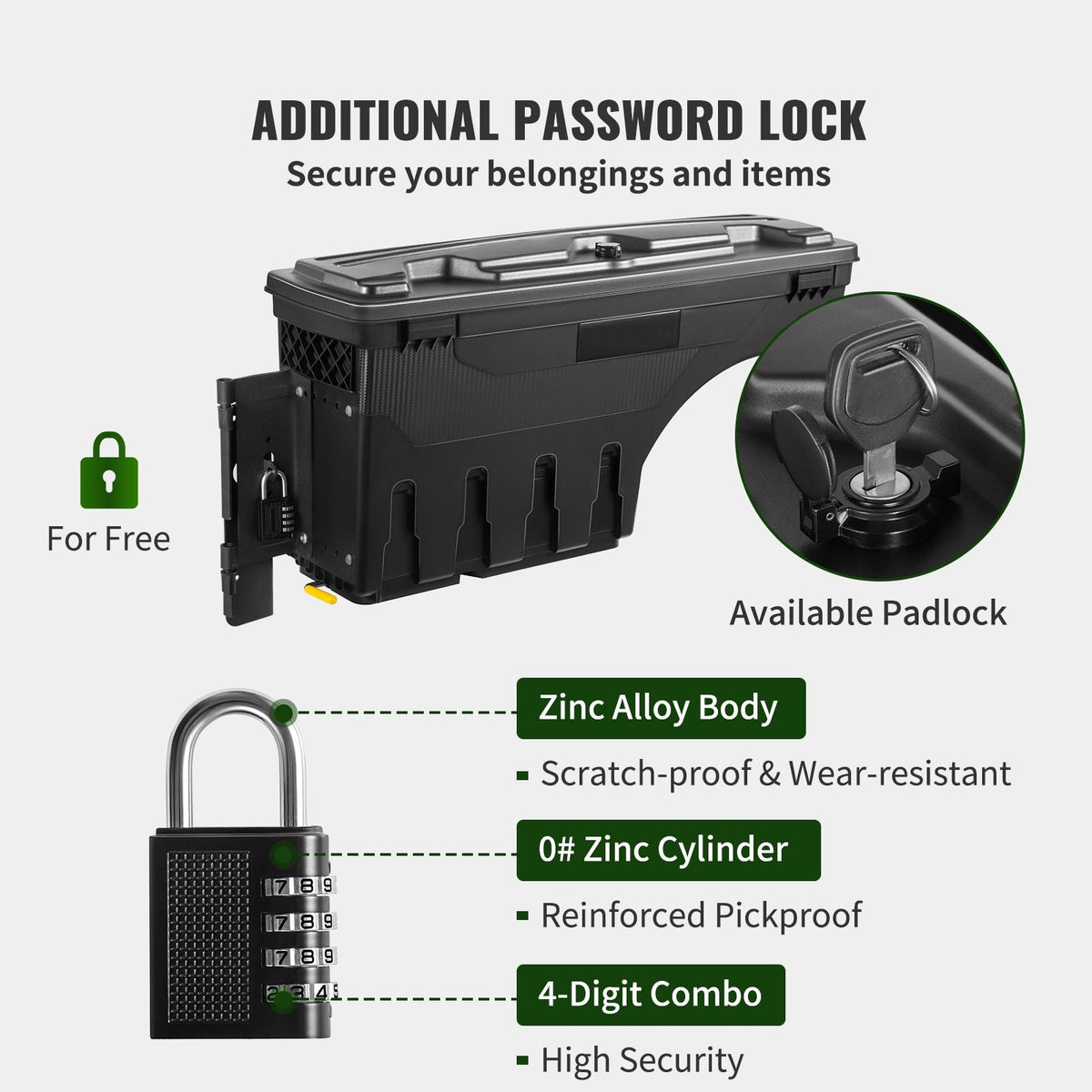 Truck Bed Storage Box, Lockable Lid, Waterproof ABS Wheel Well Tool Box 6.6 Gal/20 L with Password Padlock, Compatible with Tundra 2007-2021, Driver Side, Black