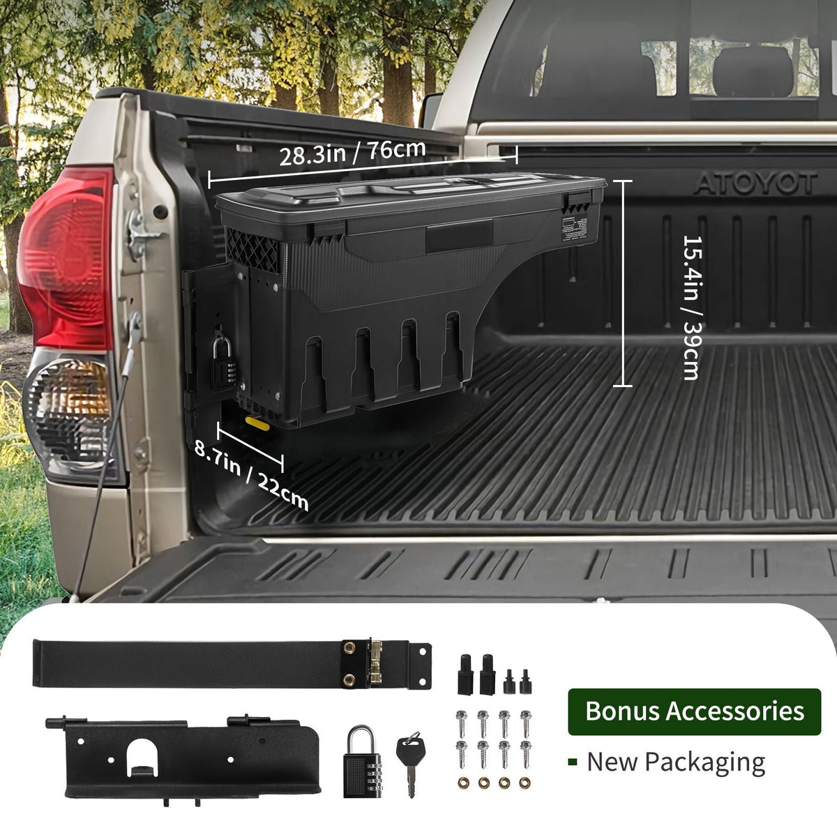 Truck Bed Storage Box, Lockable Lid, Waterproof ABS Wheel Well Tool Box 6.6 Gal/20 L with Password Padlock, Compatible with Tundra 2007-2021, Driver Side, Black