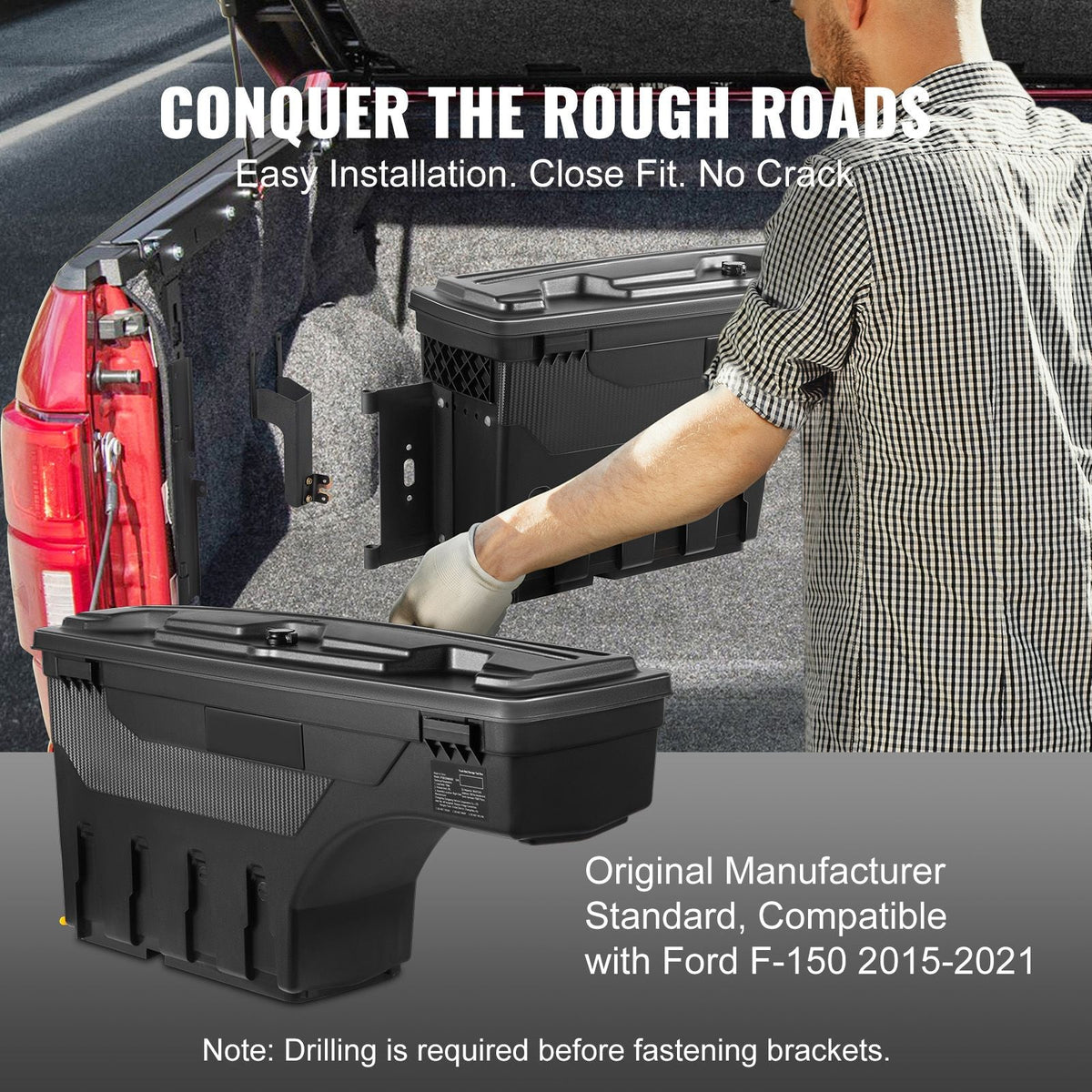 Truck Bed Storage Box, Lockable Swing Case with Password Padlock, 6.6 Gal/25 L ABS Wheel Well Tool Box, Waterproof and Durable, Compatible with Ford F-150 2015-2021, Drivers Side(Left)