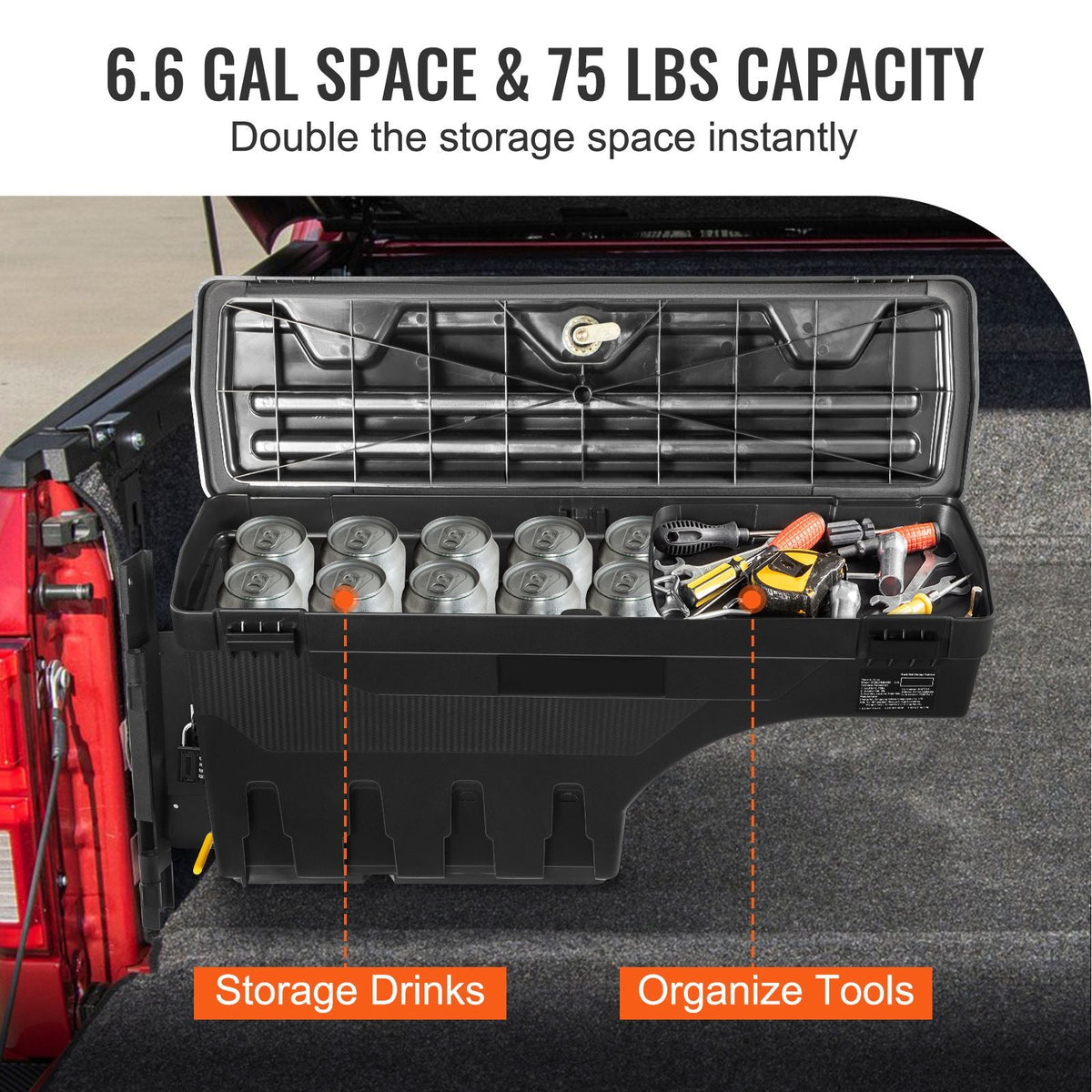 Truck Bed Storage Box, Lockable Swing Case with Password Padlock, 6.6 Gal/25 L ABS Wheel Well Tool Box, Waterproof and Durable, Compatible with Ford F-150 2015-2021, Drivers Side(Left)