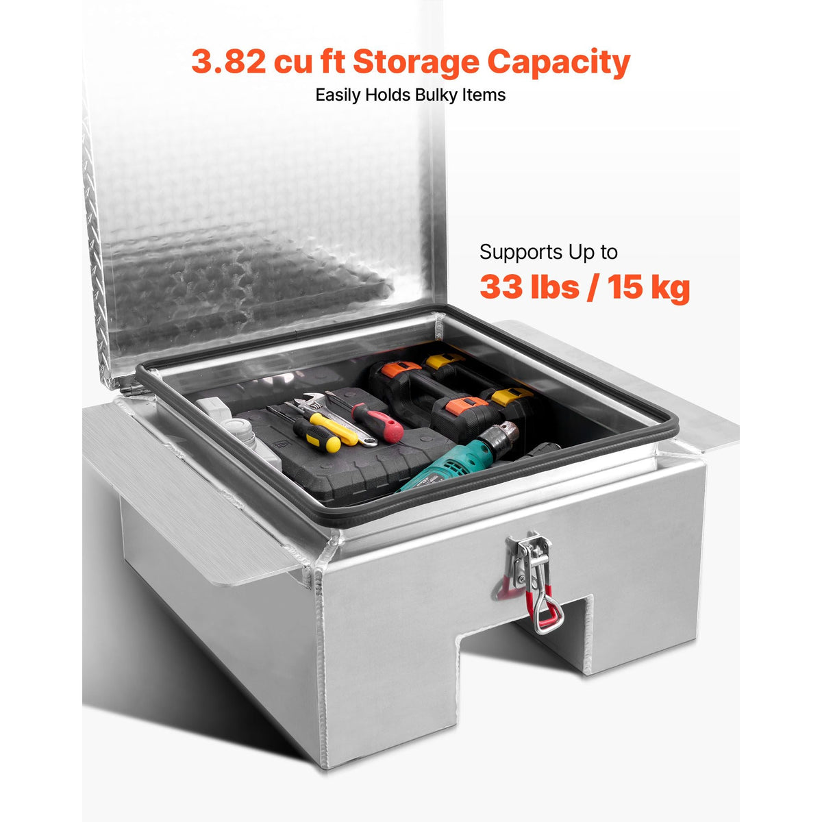 Truck Bed Tool Box, Heavy Duty Aluminum Tool Box with Diamond Plate, Storage Toolbox Chest Organizer Supports up to 220 lbs, Ideal for Pickup, Truck Bed, RV, Trailer, 30.3 x 24 x 12.2 in, Silver