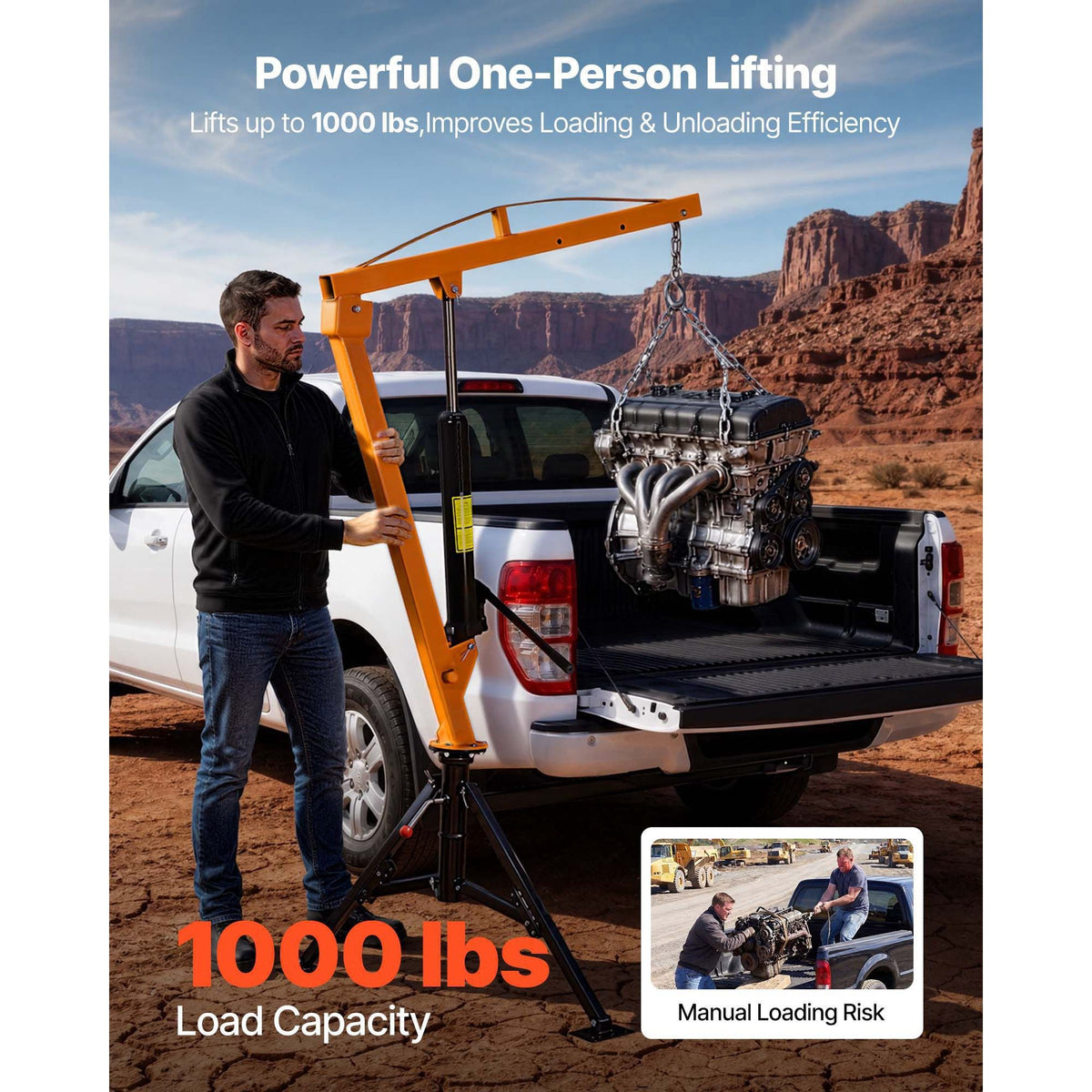 Truck Crane, 1000 lbs Pickup Hitch Crane Trailer Hitch Mounted, Manual Hydraulic with 8T Hydraulic Jack, 360° Rotating Telescopic Boom,Foldable Truck Bed Jib for Machine Lumber Equipment Lifting