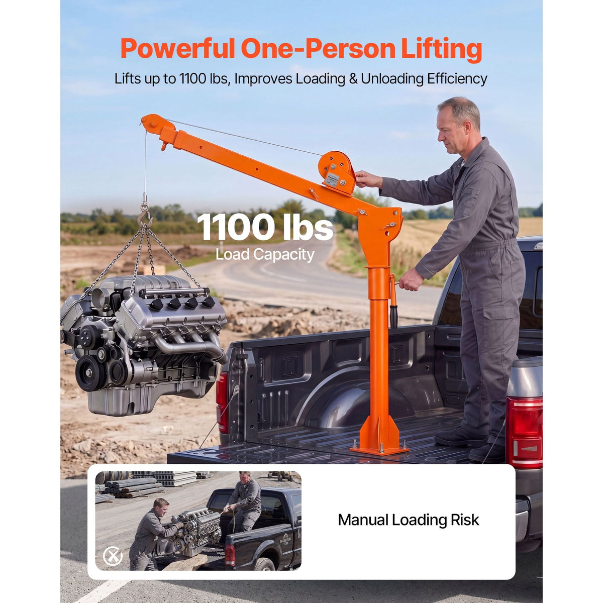 Truck Crane, 1100 lbs Manual Pickup Truck Crane with Hand Winch, 360° Rotating Telescopic Boom, Premium Galvanized Steel, Foldable Pickup Bed Jib for Machine Lumber Attic Heavy Load Lifting