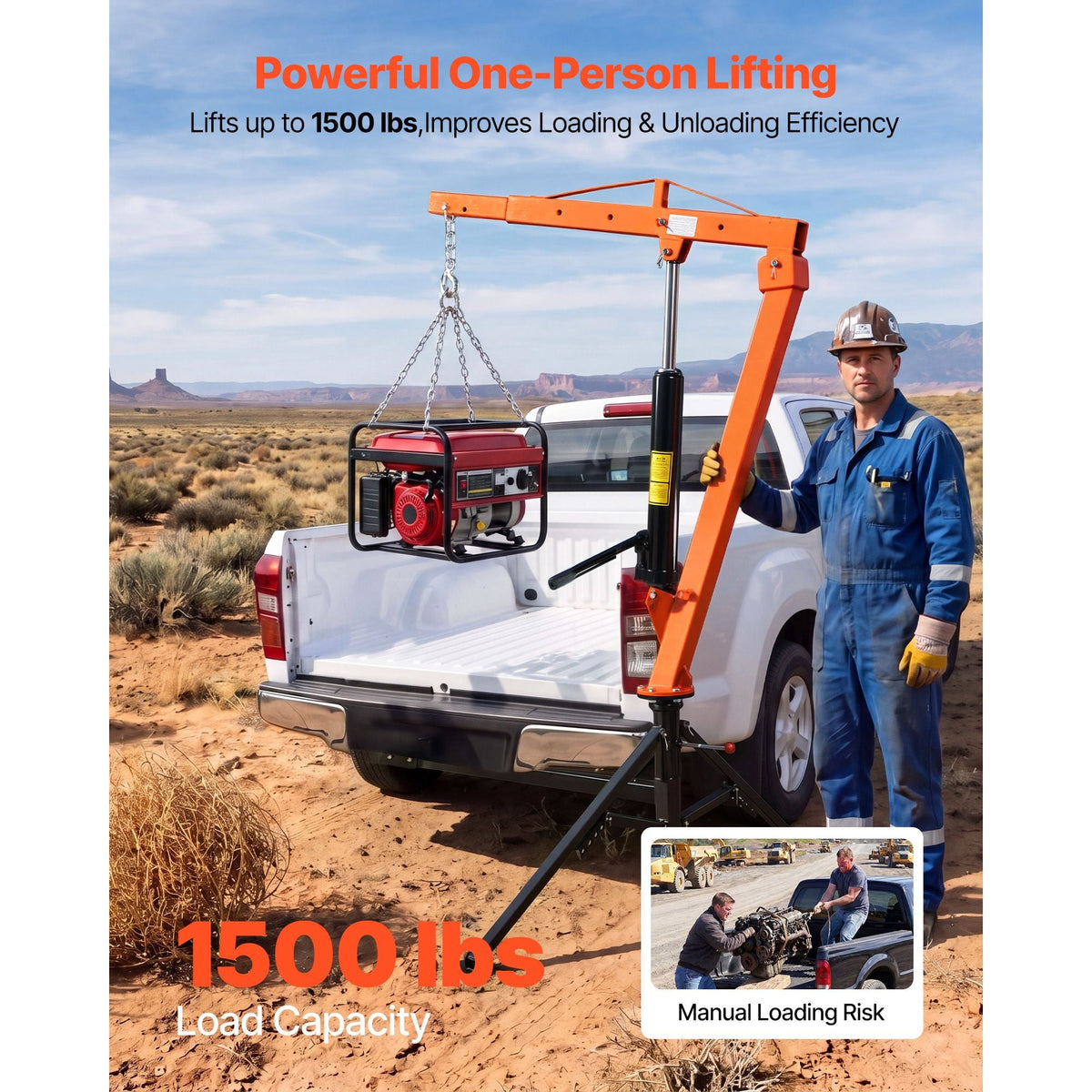 Truck Crane, 1500 lbs Pickup Hitch Crane Trailer Hitch Mounted, Manual Hydraulic with 12T Hydraulic Jack, 360° Swivel Telescopic Boom, Foldable Truck Bed Jib for Machine Lumber Equipment Lifting