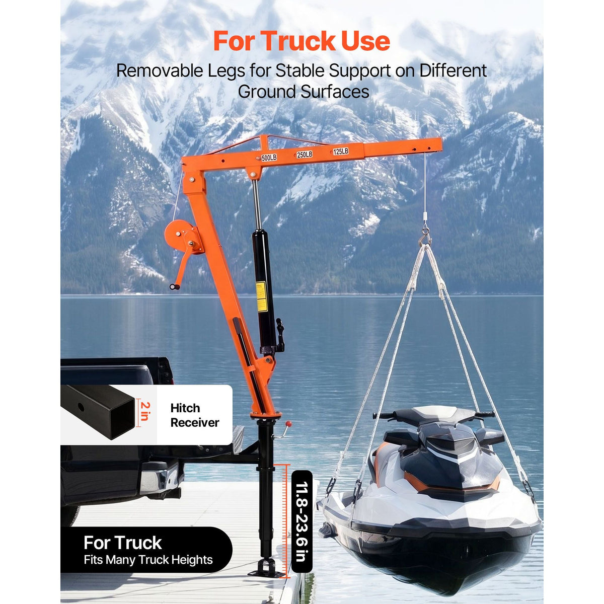 Truck Crane, 500 lbs Pickup Hitch Crane Trailer Hitch Mounted with Manual Winch & Hydraulic Jack, 360° Rotating Telescopic Boom, Foldable Truck Bed Jib Hoist for Machine Lumber Equipment Lifting