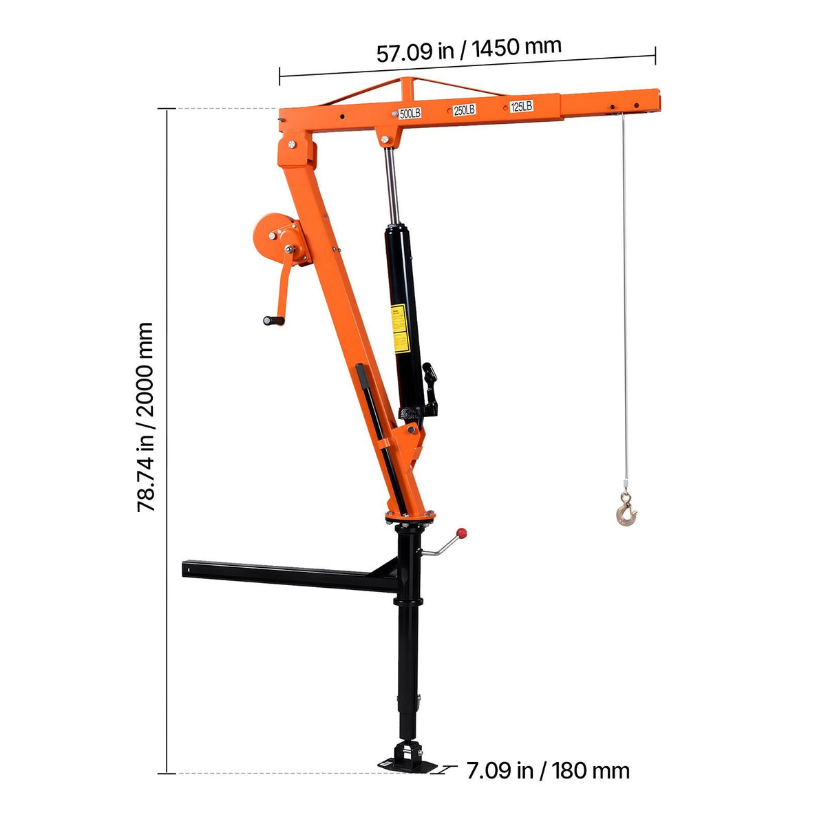 Truck Crane, 500 lbs Pickup Hitch Crane Trailer Hitch Mounted with Manual Winch & Hydraulic Jack, 360° Rotating Telescopic Boom, Foldable Truck Bed Jib Hoist for Machine Lumber Equipment Lifting