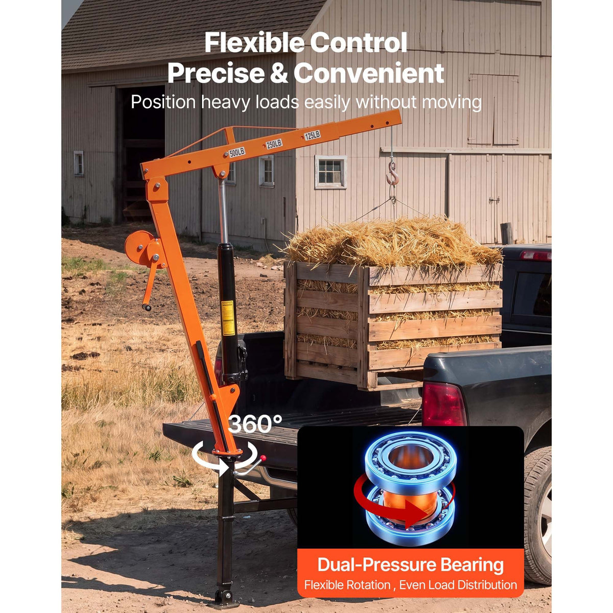 Truck Crane, 500 lbs Pickup Hitch Crane Trailer Hitch Mounted with Manual Winch & Hydraulic Jack, 360° Rotating Telescopic Boom, Foldable Truck Bed Jib Hoist for Machine Lumber Equipment Lifting
