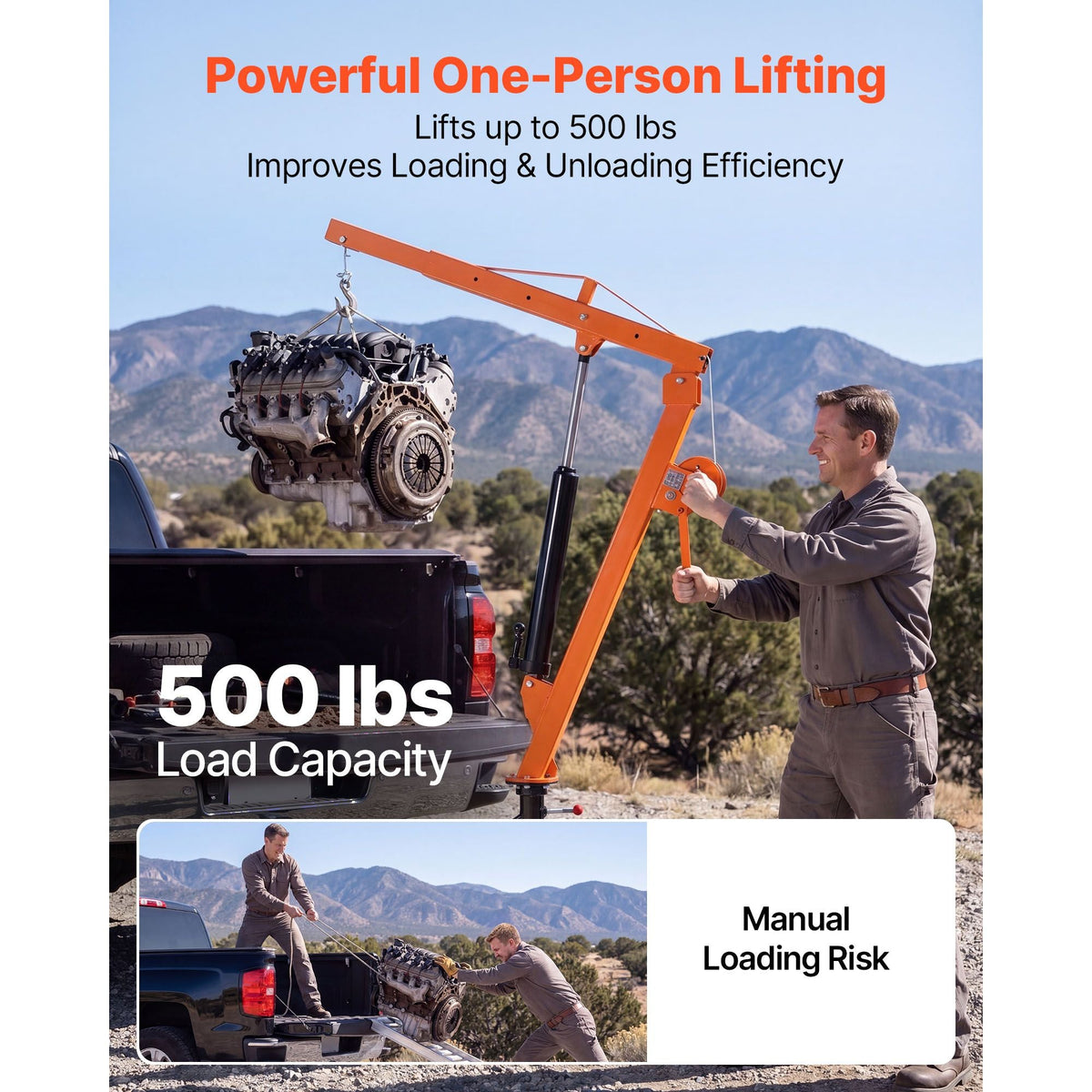 Truck Crane, 500 lbs Pickup Hitch Crane Trailer Hitch Mounted with Manual Winch & Hydraulic Jack, 360° Rotating Telescopic Boom, Foldable Truck Bed Jib Hoist for Machine Lumber Equipment Lifting