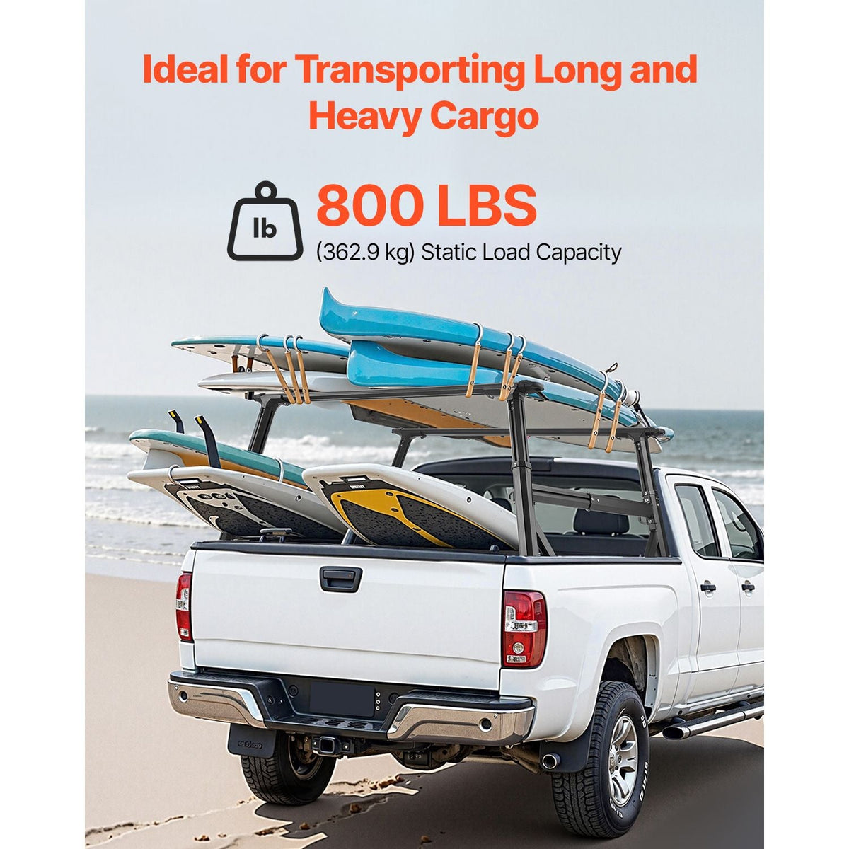 Truck Ladder Rack, 21-31.5 in Height, Adjustable Non-Drilling Aluminum Cargo Rack with Sidebar, 800 lbs Static Capacity, Ideal for Canoes, Surfboards, Ladders, Lumber, Tents, and Large cargo