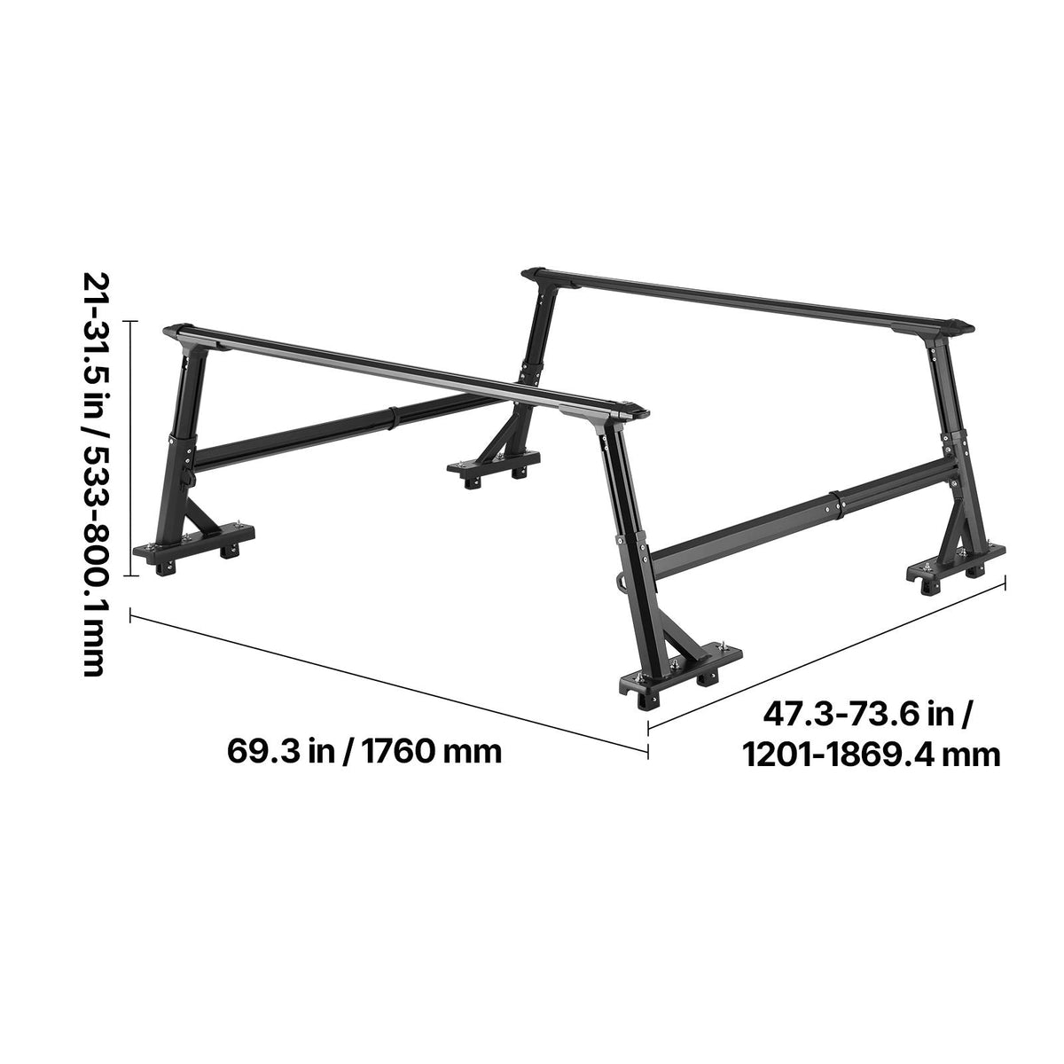 Truck Ladder Rack, 21-31.5 in Height, Adjustable Non-Drilling Aluminum Cargo Rack with Sidebar, 800 lbs Static Capacity, Ideal for Canoes, Surfboards, Ladders, Lumber, Tents, and Large cargo
